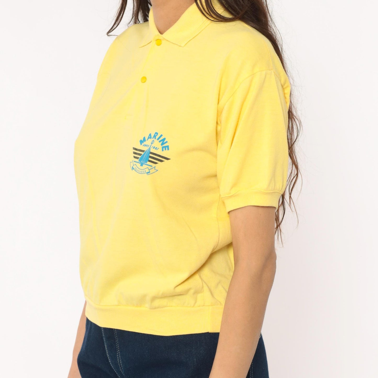 80s Yellow Polo Shirt Marine Seafarer Sailboat Graphic Collared Medium