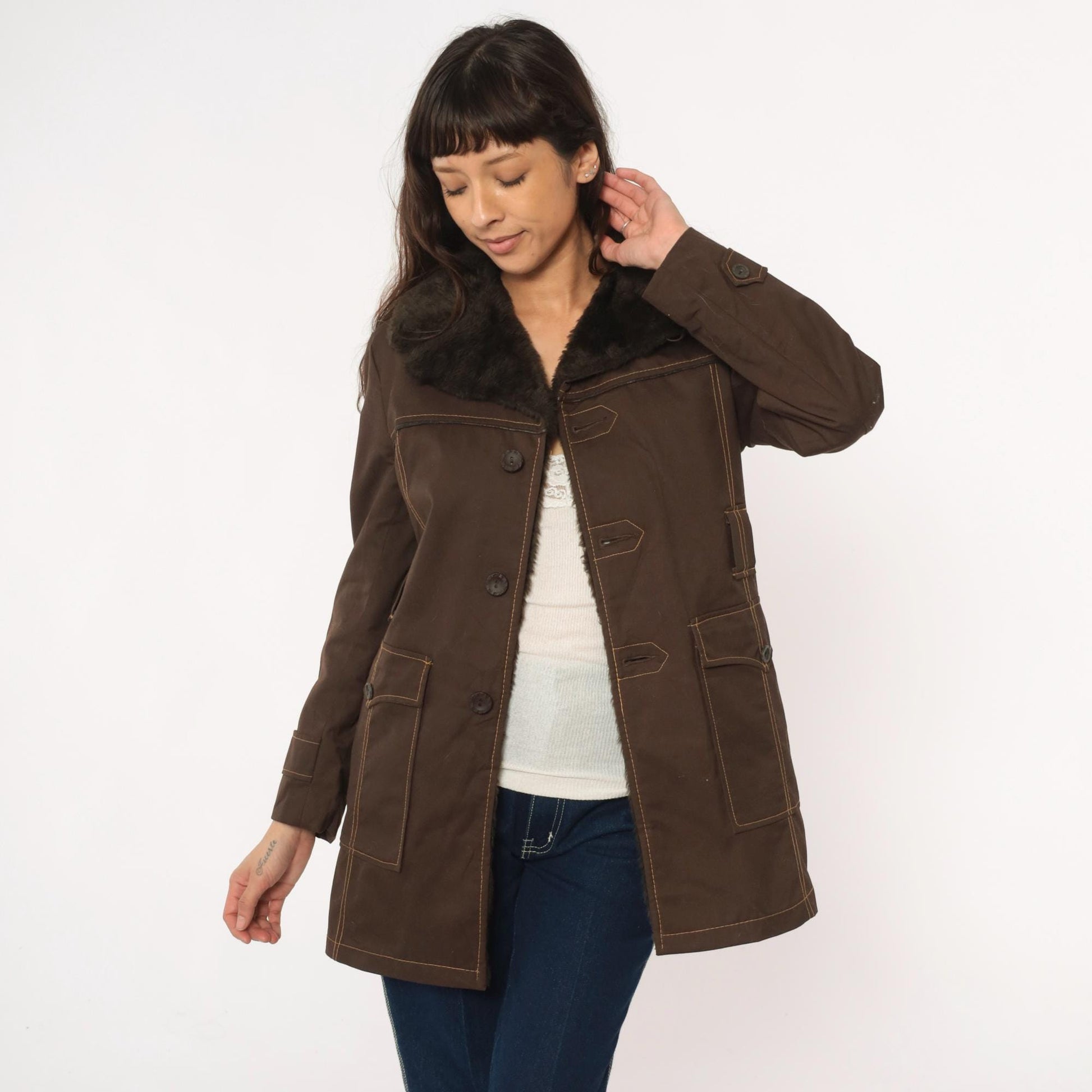 70s McGrégor Brown Parka Detachable Hood Faux Fur Collar Small