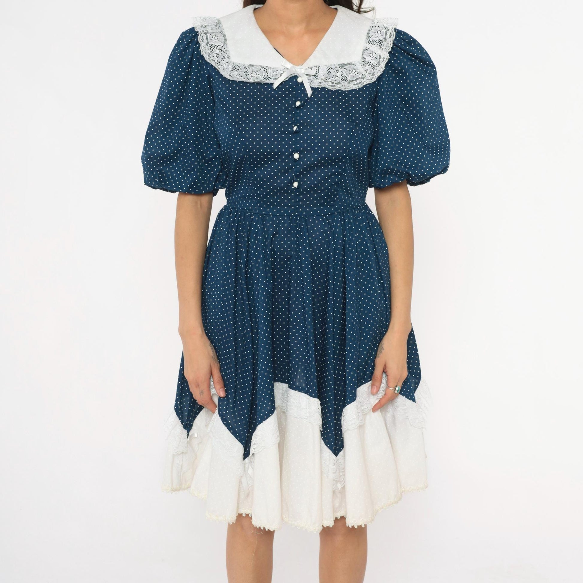 80s Navy Polka Dot Dress Puff Sleeve Lace Collar Handkerchief Hem Medium M