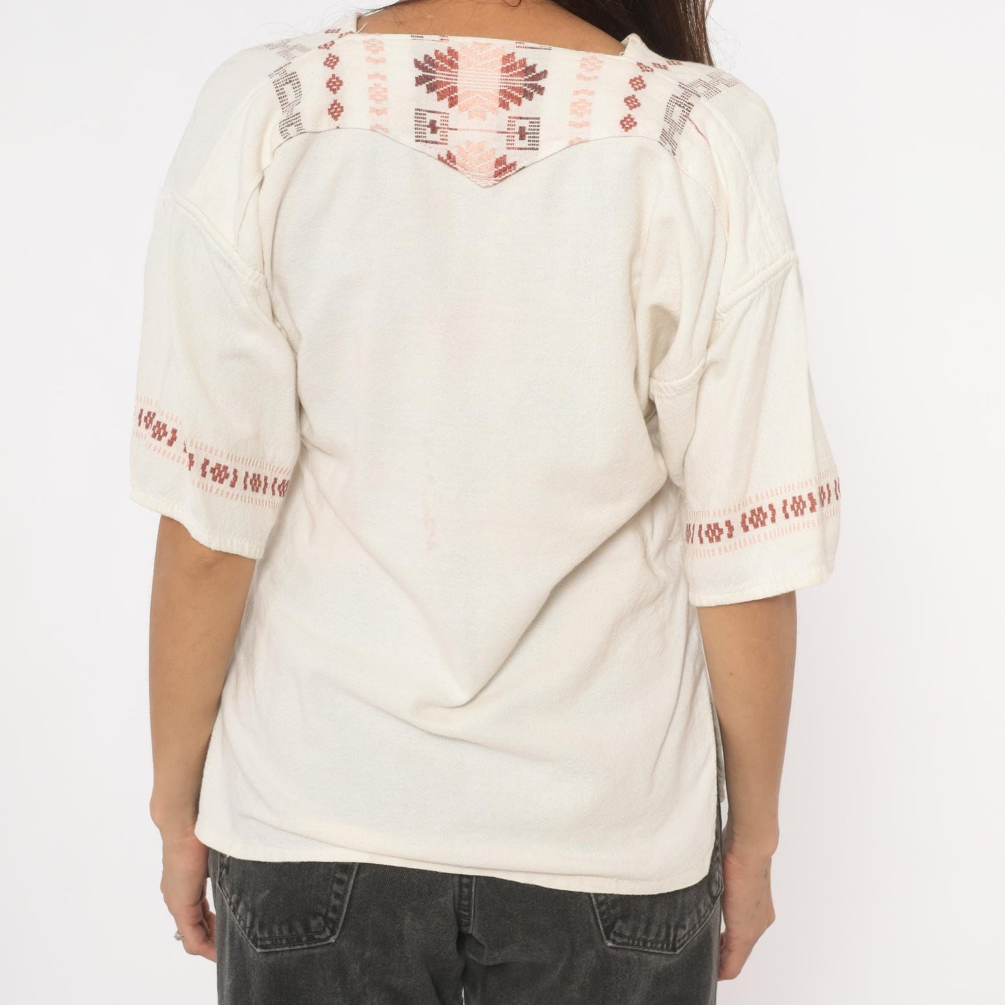 90s Cream Embroidered Blouse Cotton V-Neck Puff Sleeve Pullover Small S