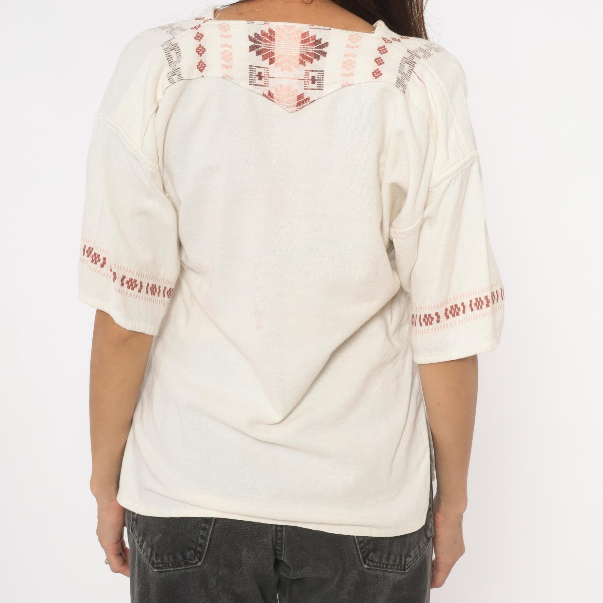 90s Cream Embroidered Blouse Cotton V-Neck Puff Sleeve Pullover Small S