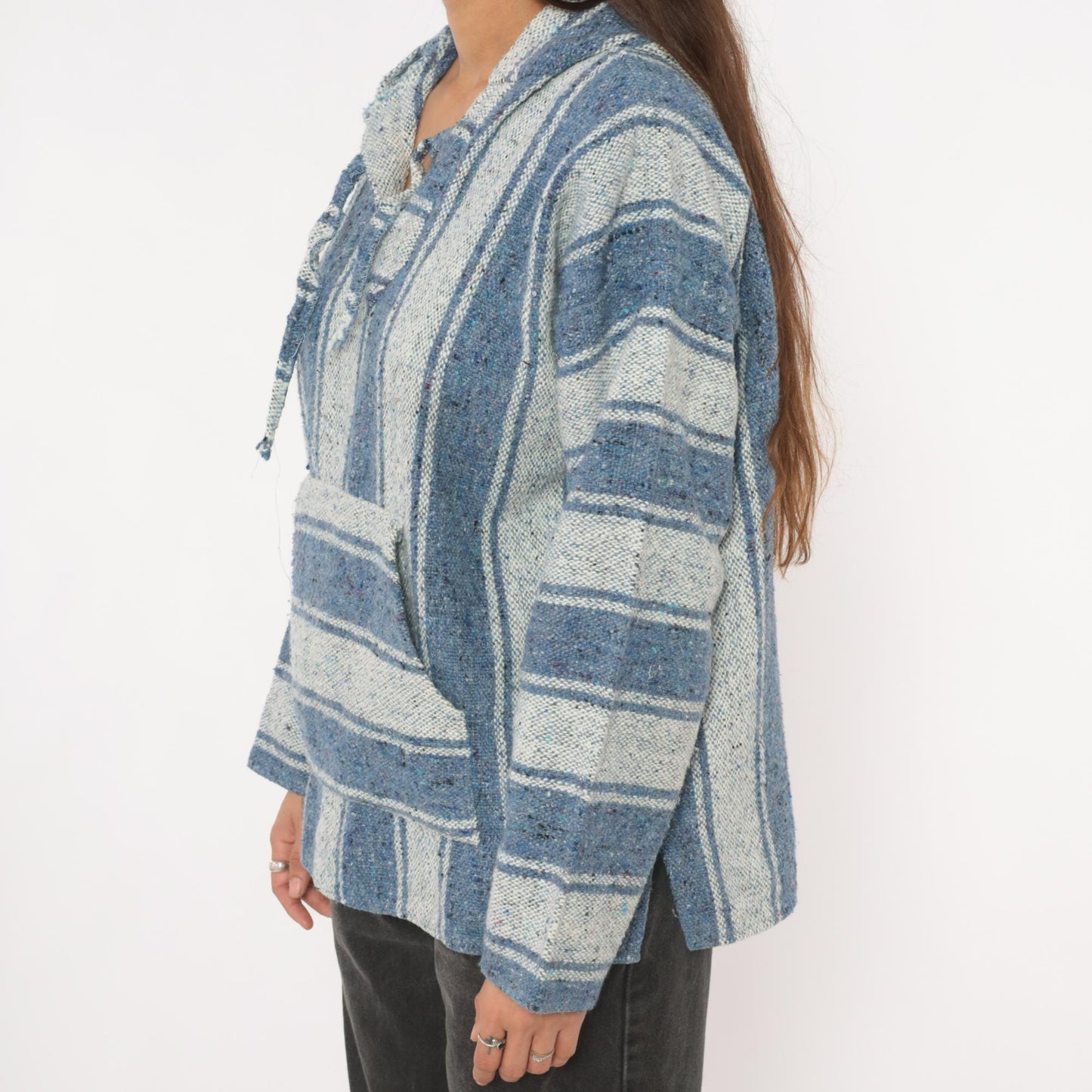 2000s Yarina Threads Blue Striped Baja Hoodie Woven Pullover Medium M