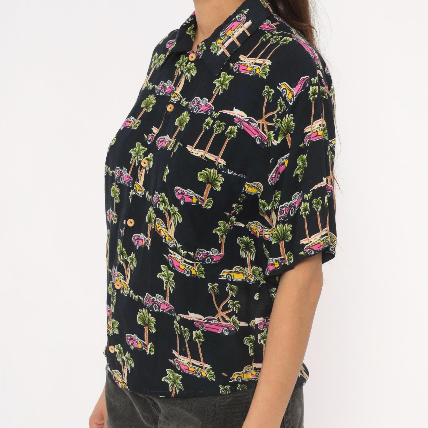 90s Classic Cars Hawaiian Shirt Black Pink Yellow Palm Tree Camp Collar XS