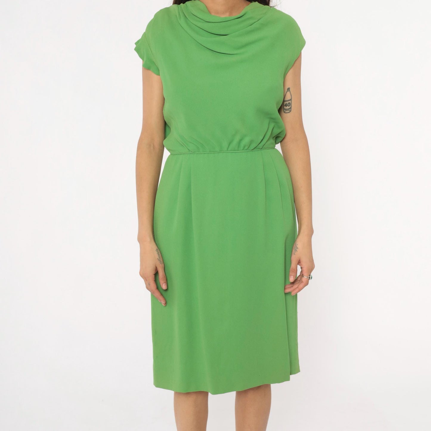 60s Richard Frontman Apple Green Cowl Neck Dress Knee-Length Small