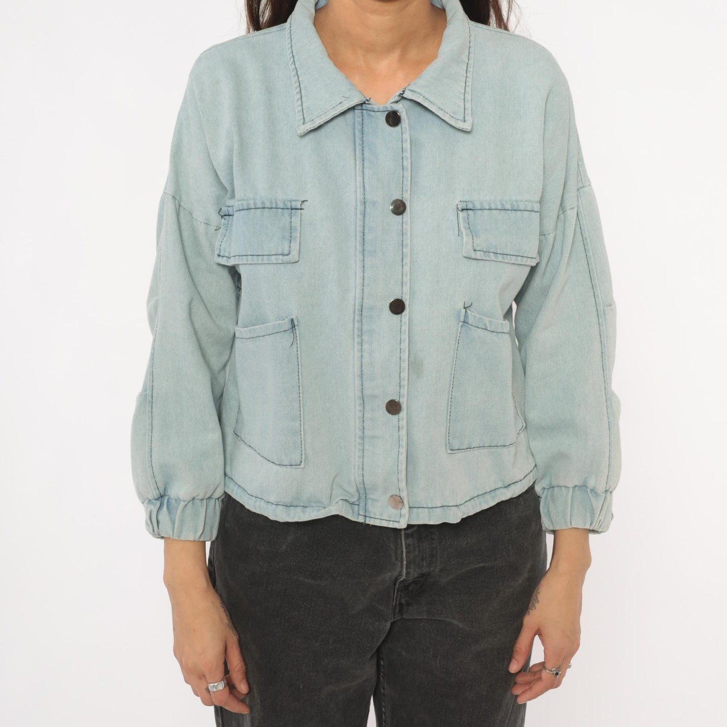 2000s Wang Luo Niu Za Light Wash Denim Crop Jacket Powder Blue Small S