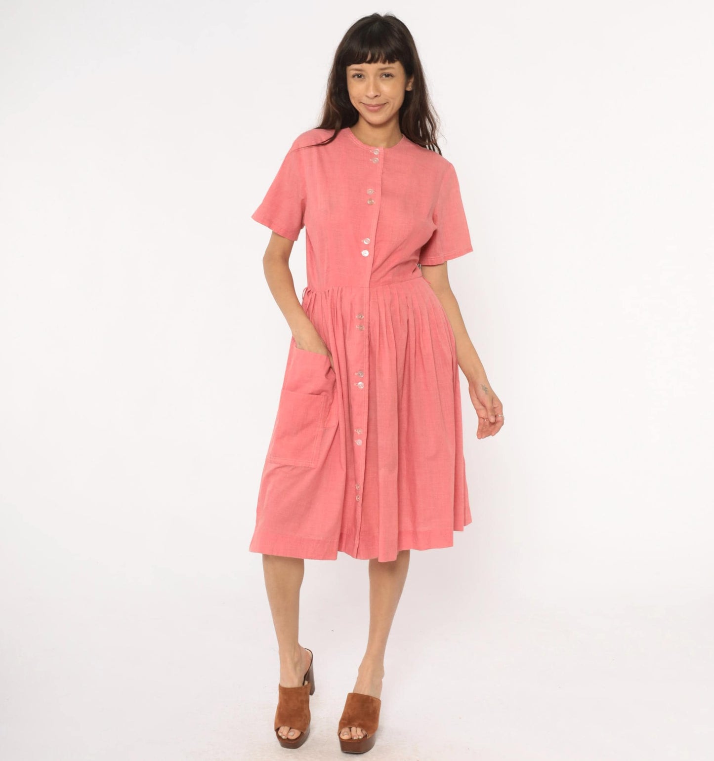 70s Coral Pink Cotton Day Dress Button Front Gathered Skirt Pockets Medium Large