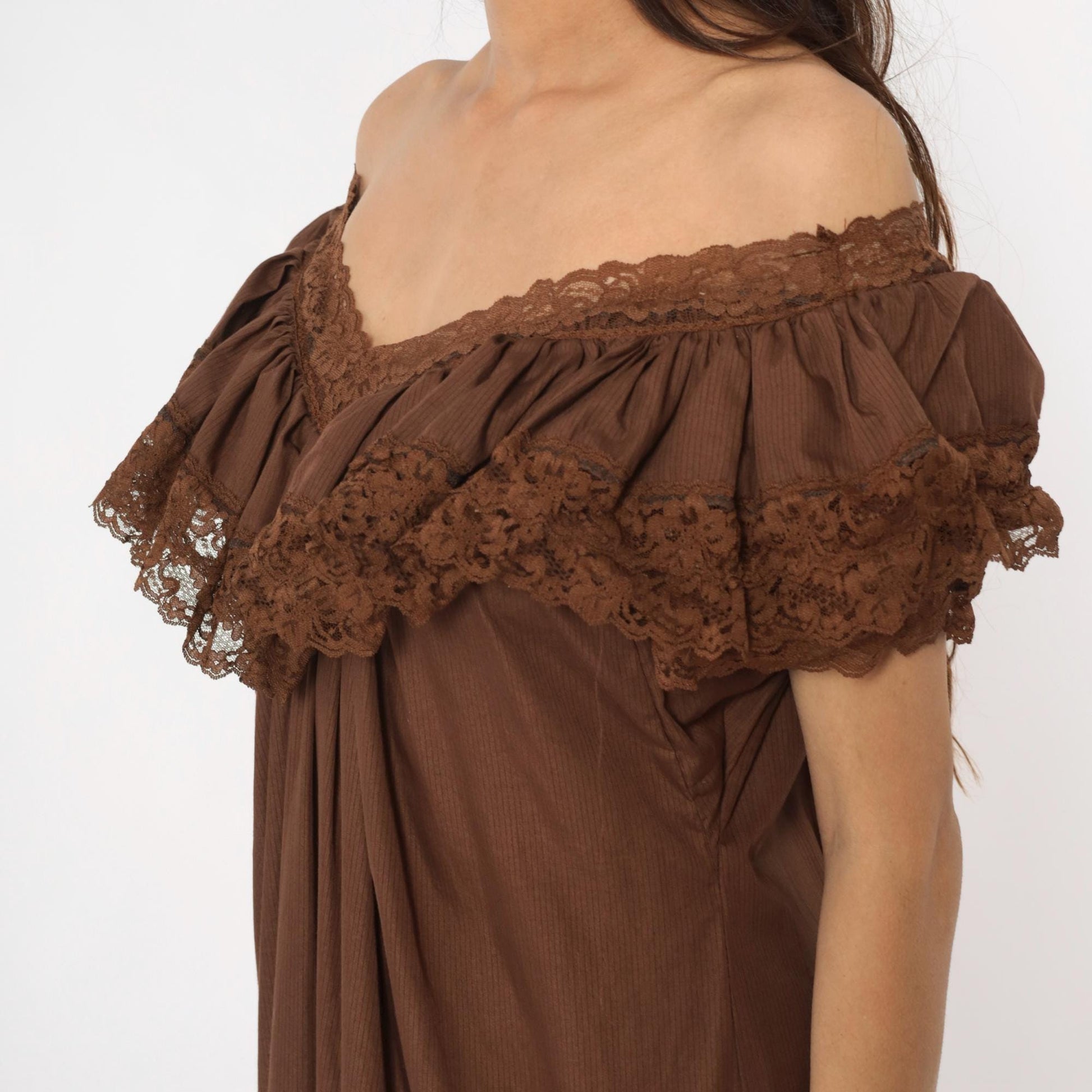 80s Brown Tiered Prairie Dress Lace Trim Cap Sleeve Midi Medium Large