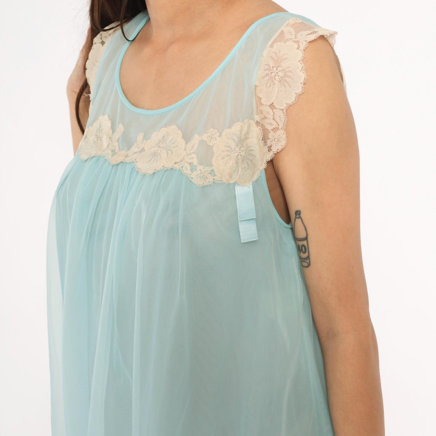 70s Aqua Babydoll Nightgown Sheer Lace Empire Waist Negligee Medium
