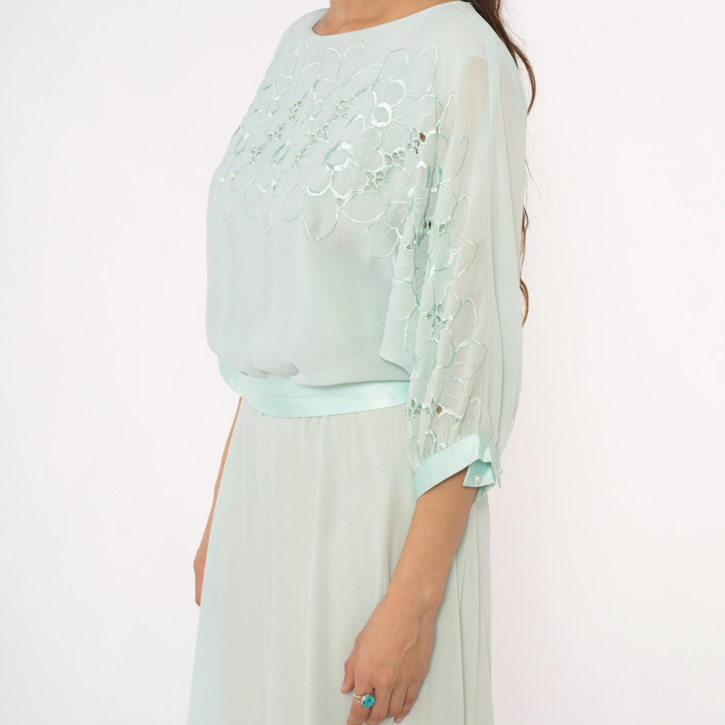 80s Ursula Mint Green Midi Dress Embroidered Floral Cutwork Sheer Large