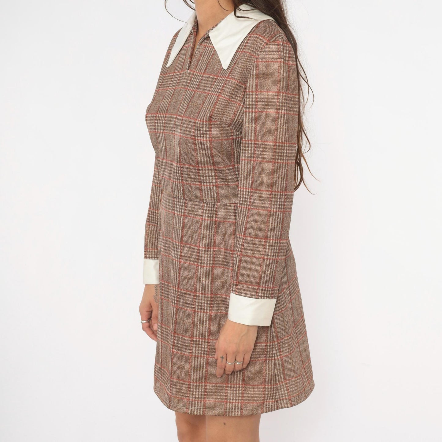 70s Glen Plaid Mini Dress Tan Rust Brown Pointed Collar Long Sleeve Medium M