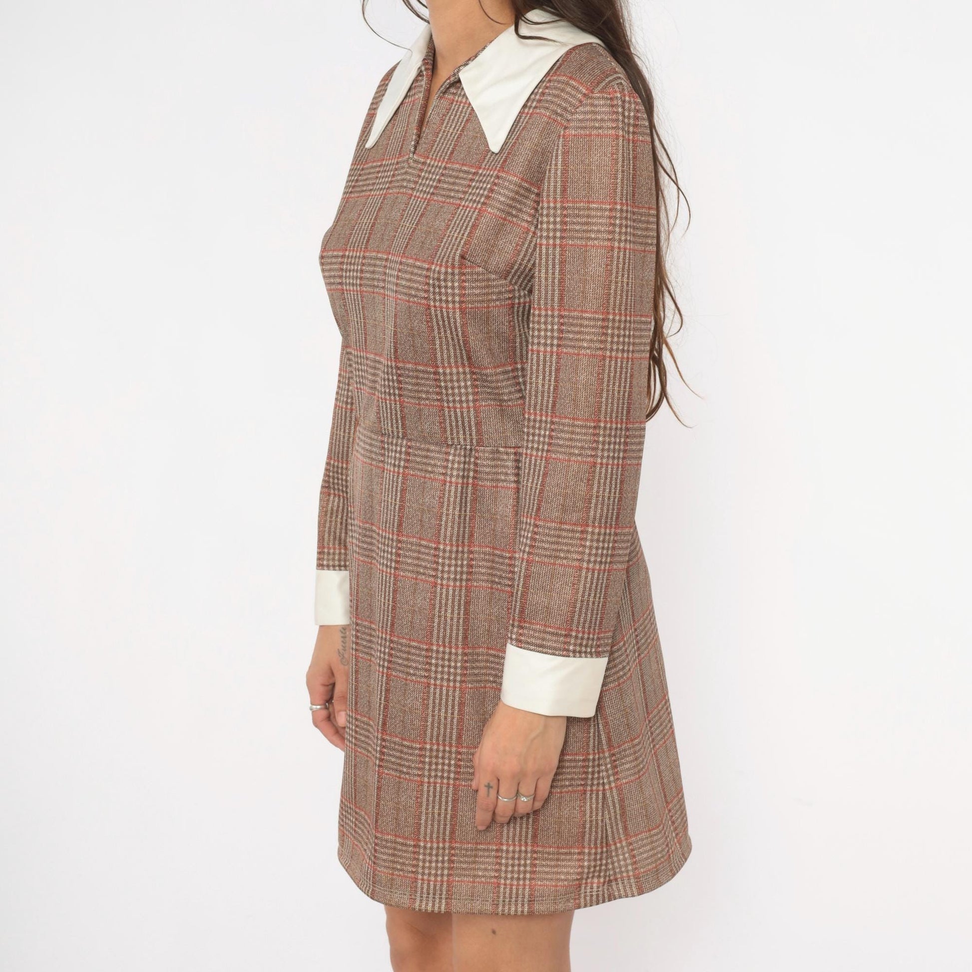 70s Glen Plaid Mini Dress Tan Rust Brown Pointed Collar Long Sleeve Medium M