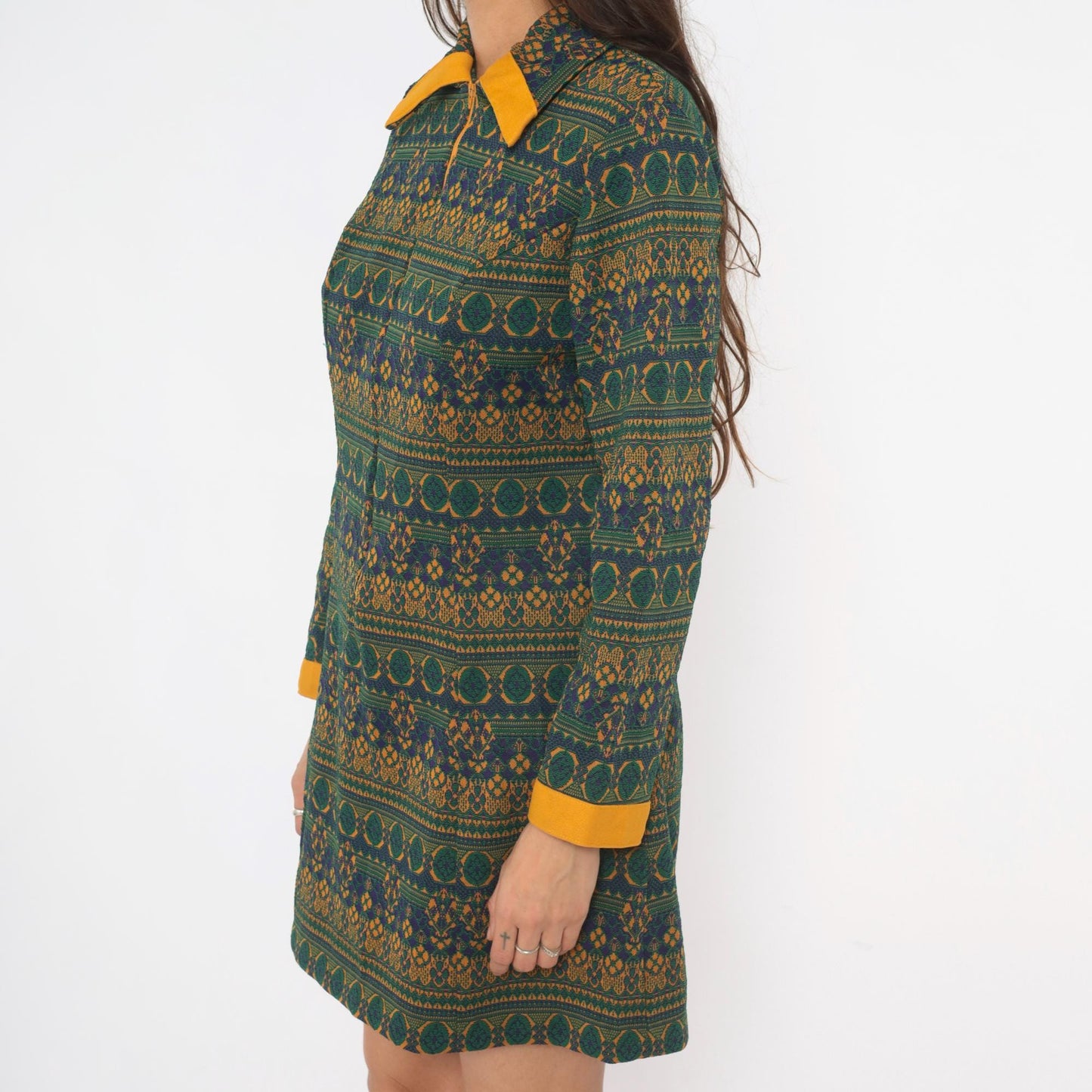 70s NPC Fashions Tapestry Mini Dress Forest Green Gold Jacquard Zip Collar Large L