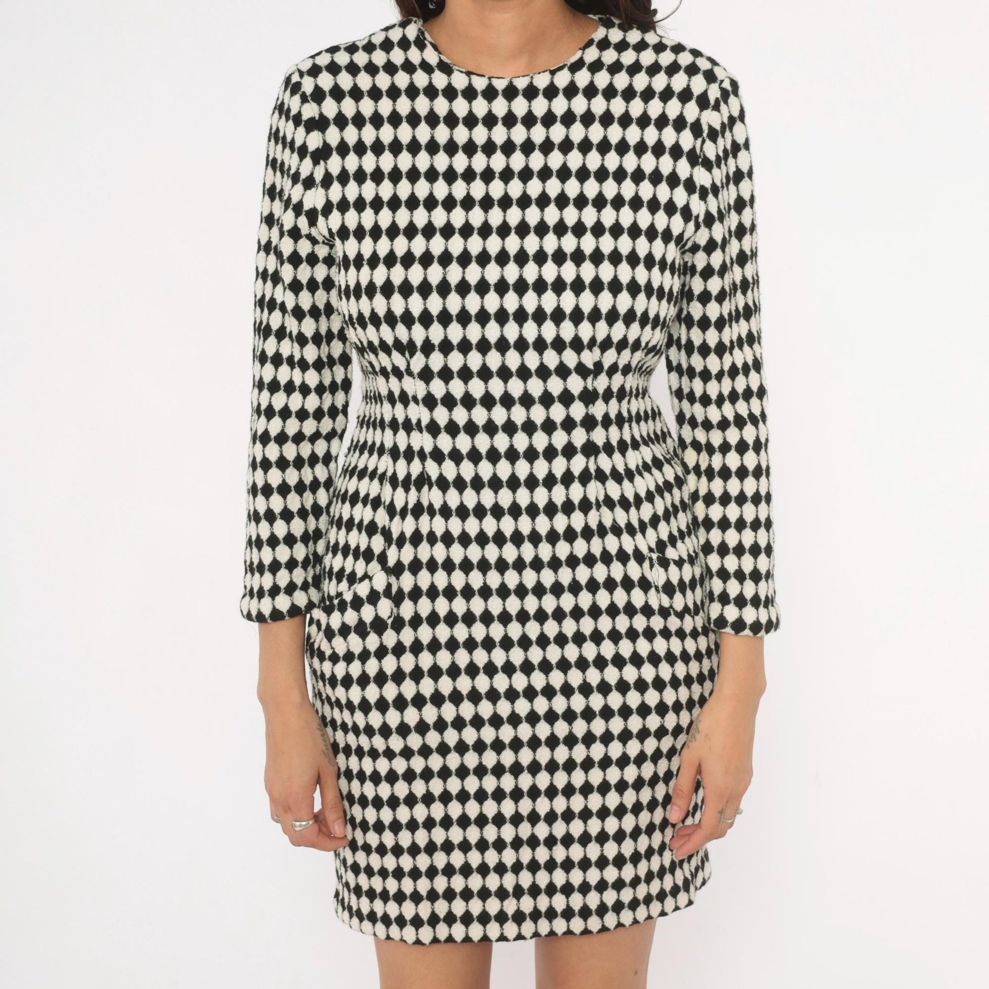 90s Jackie Bernard Checkerboard Mini Dress Black Cream Diamond Pattern Small S