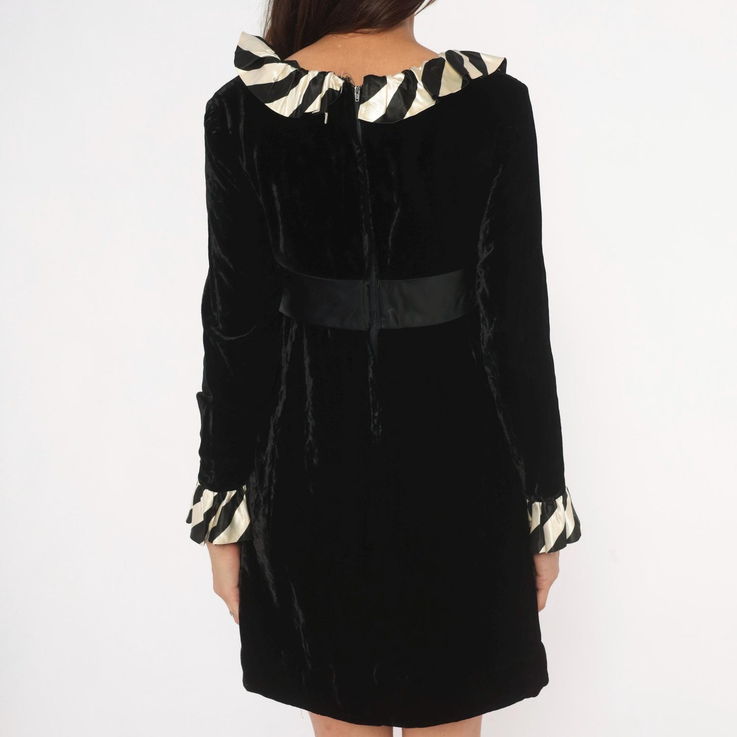 60s Andine Original Velvet Mini Dress Black Striped Ruffle Collar Small S