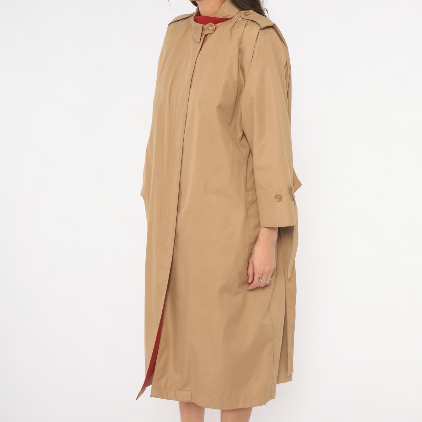 80s Tan Trench Coat Red Lined Button Front Epaulette Knee Length Large L