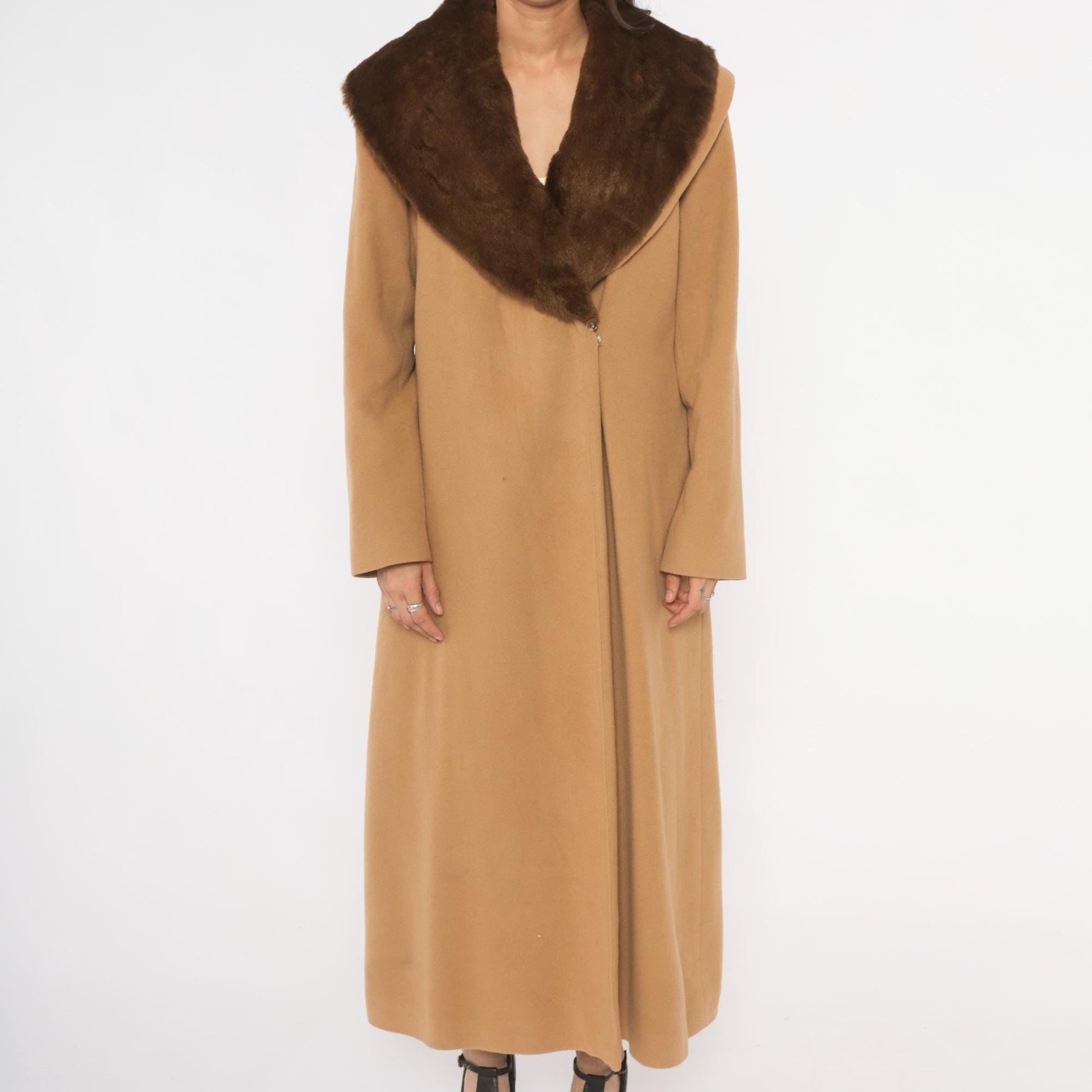 90s Spiegel Wool Cashmere Camel Coat Fur Collar Ankle Length Tan Medium M