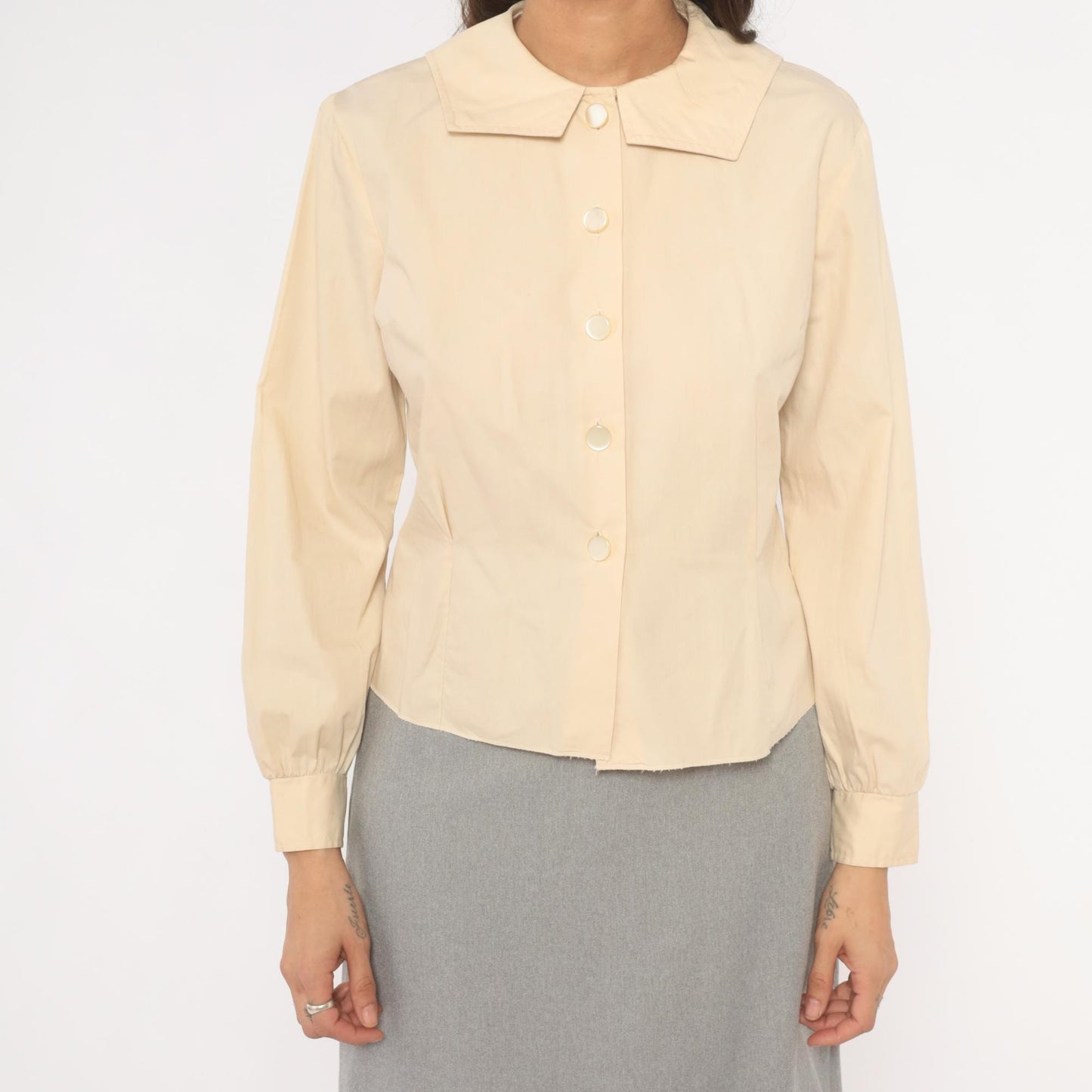 70s Fashionalit Cream Button Front Blouse Pointed Collar Puff Sleeve Medium