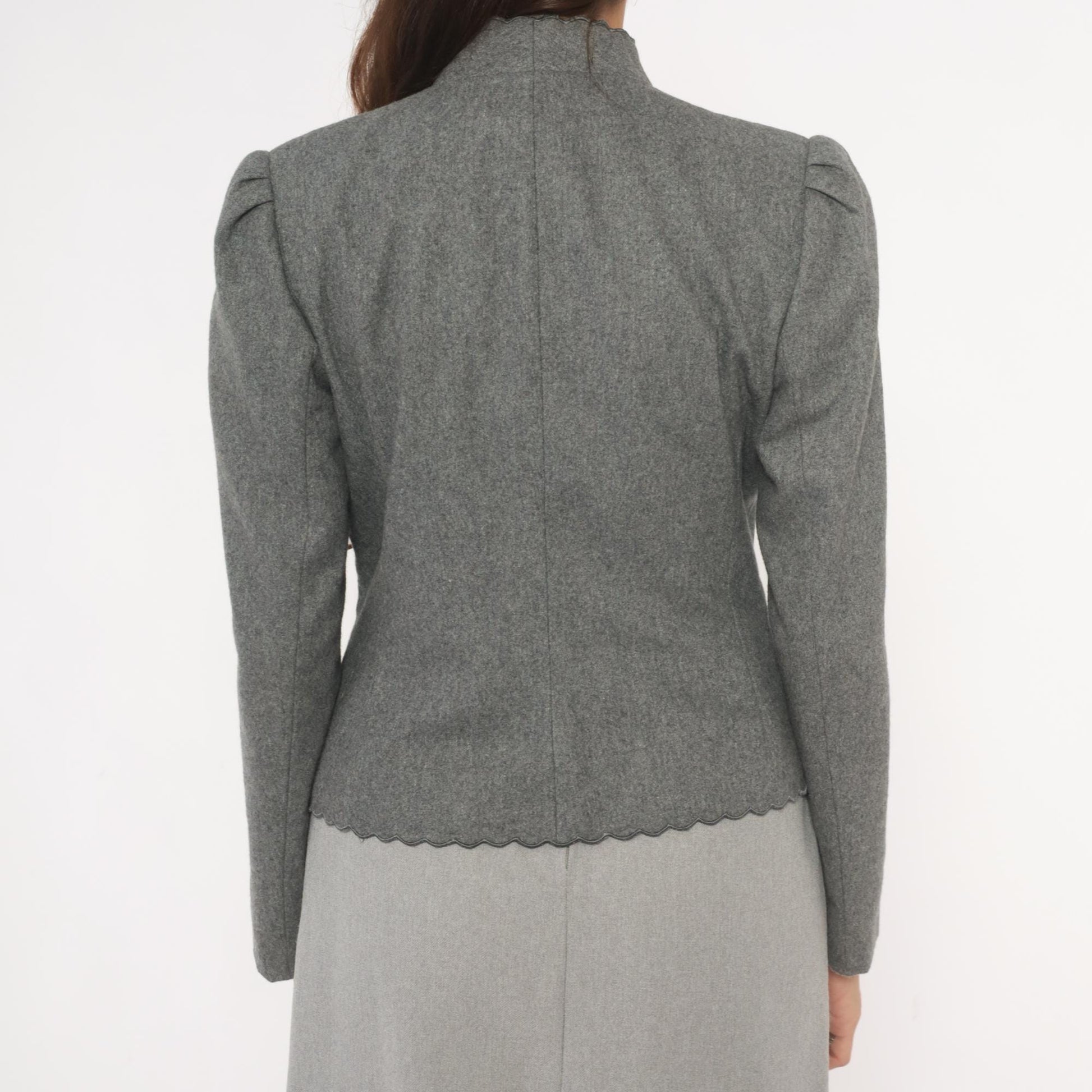 80s Sasson Grey Scalloped Blazer Puff Sleeve Mandarin Collar Cropped Small S