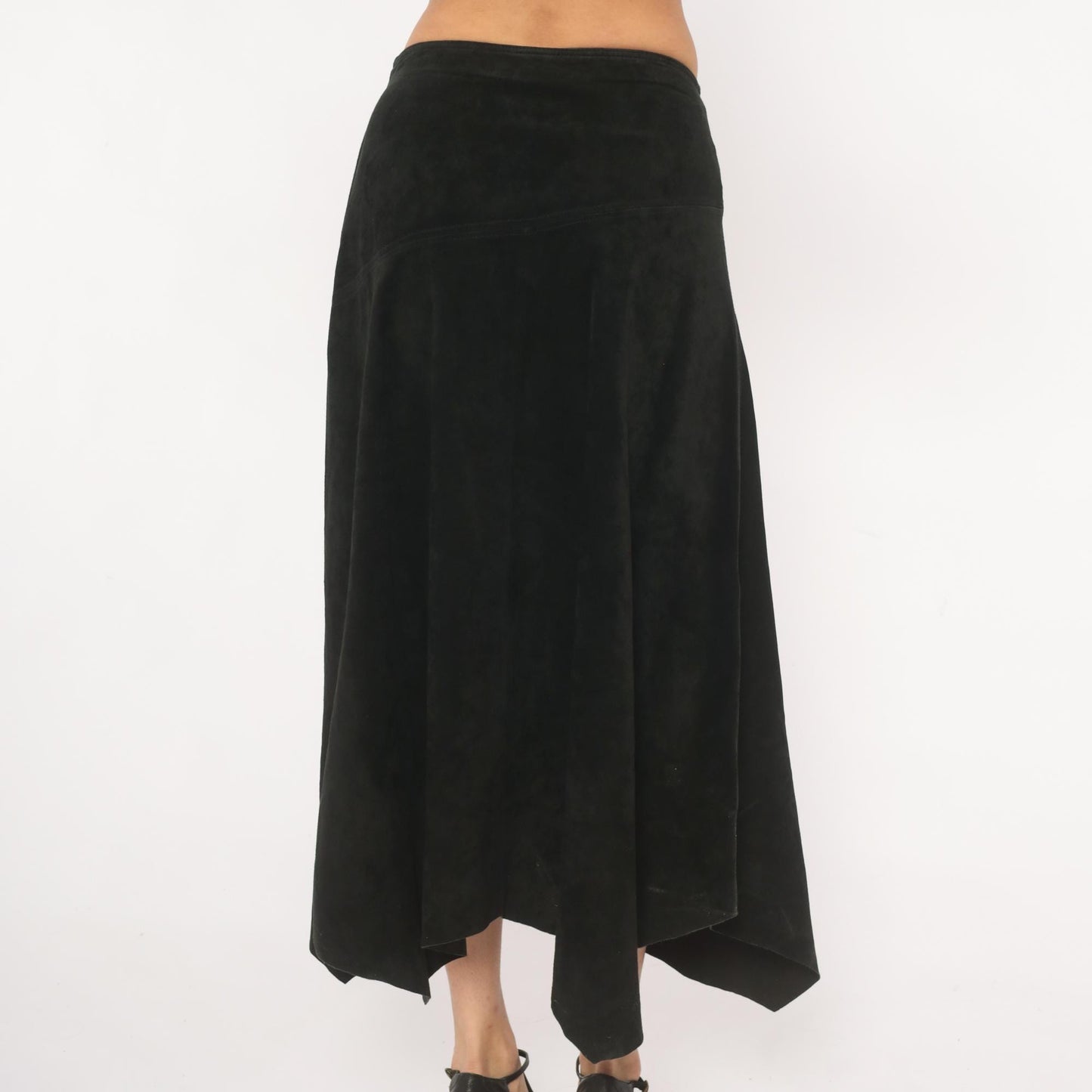 90s Provence Black Suede Midi Skirt Asymmetrical Handkerchief Hem High Waist Small