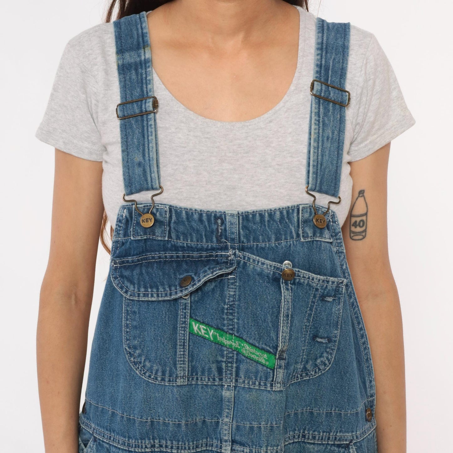 90s Key Denim Overalls Medium Blue Wide Leg Bib Dungarees Utility Pockets