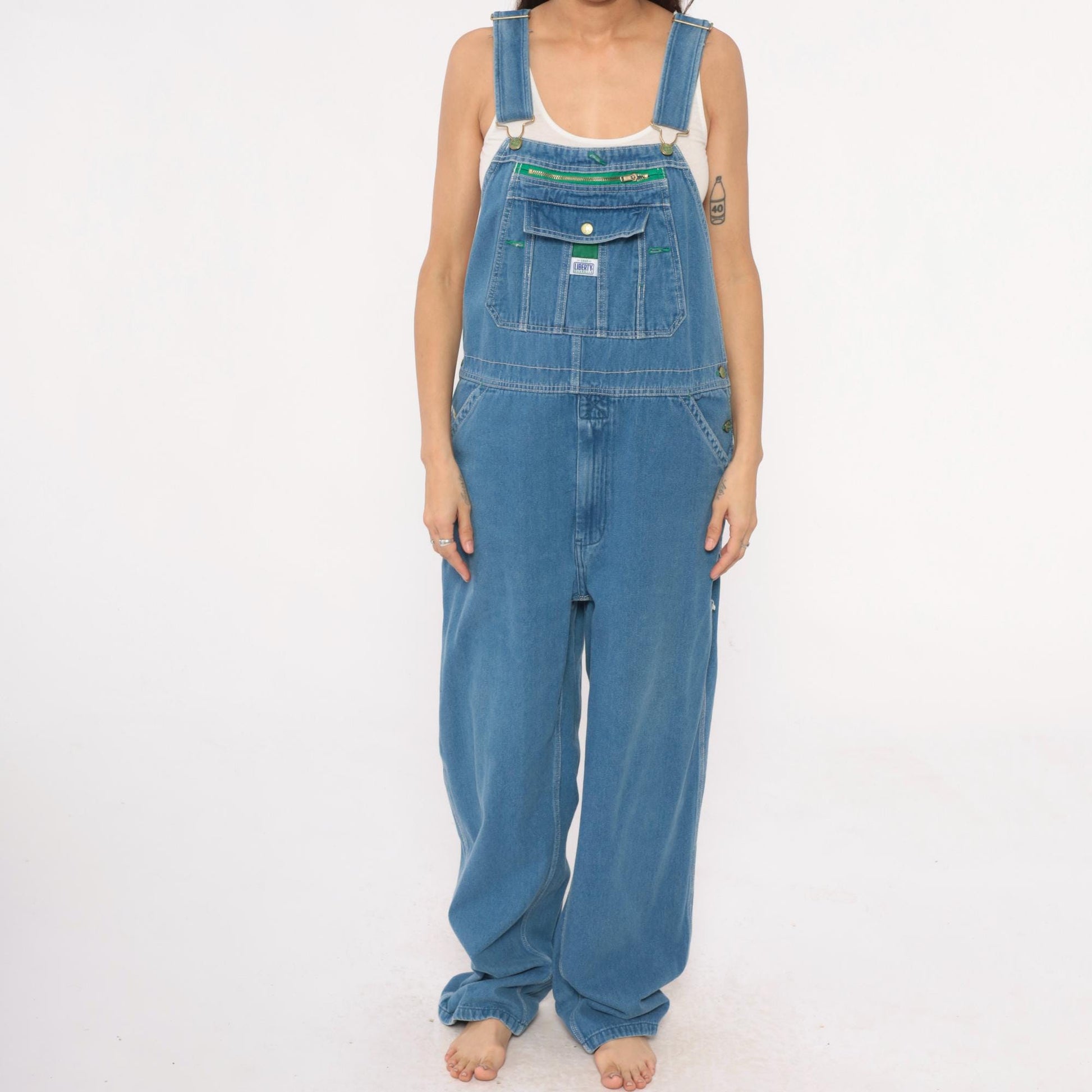 90s Liberty Denim Overalls Blue Green Stitching Unisex Medium