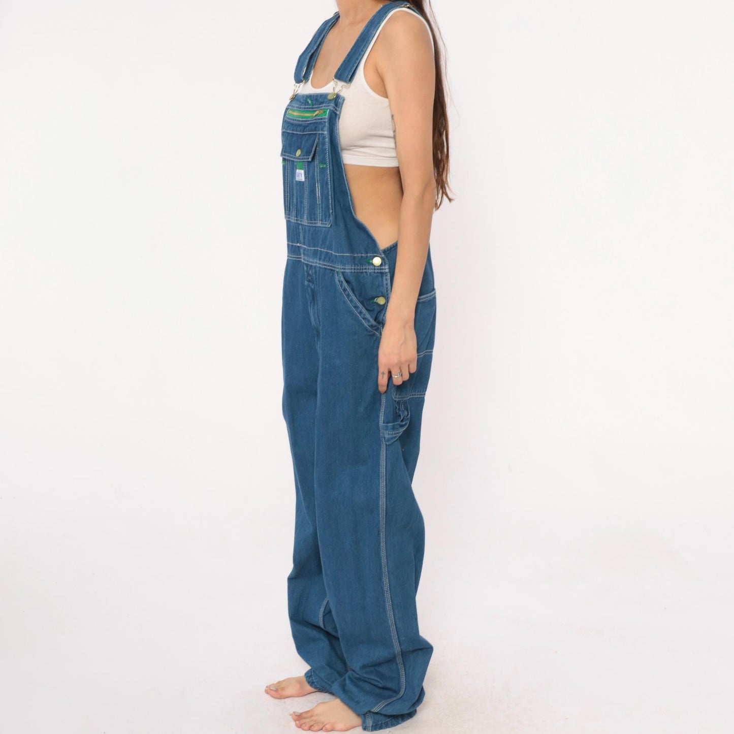 Y2K Liberty Medium Blue Denim Overalls Green Trim Zippered Bib Extra Large