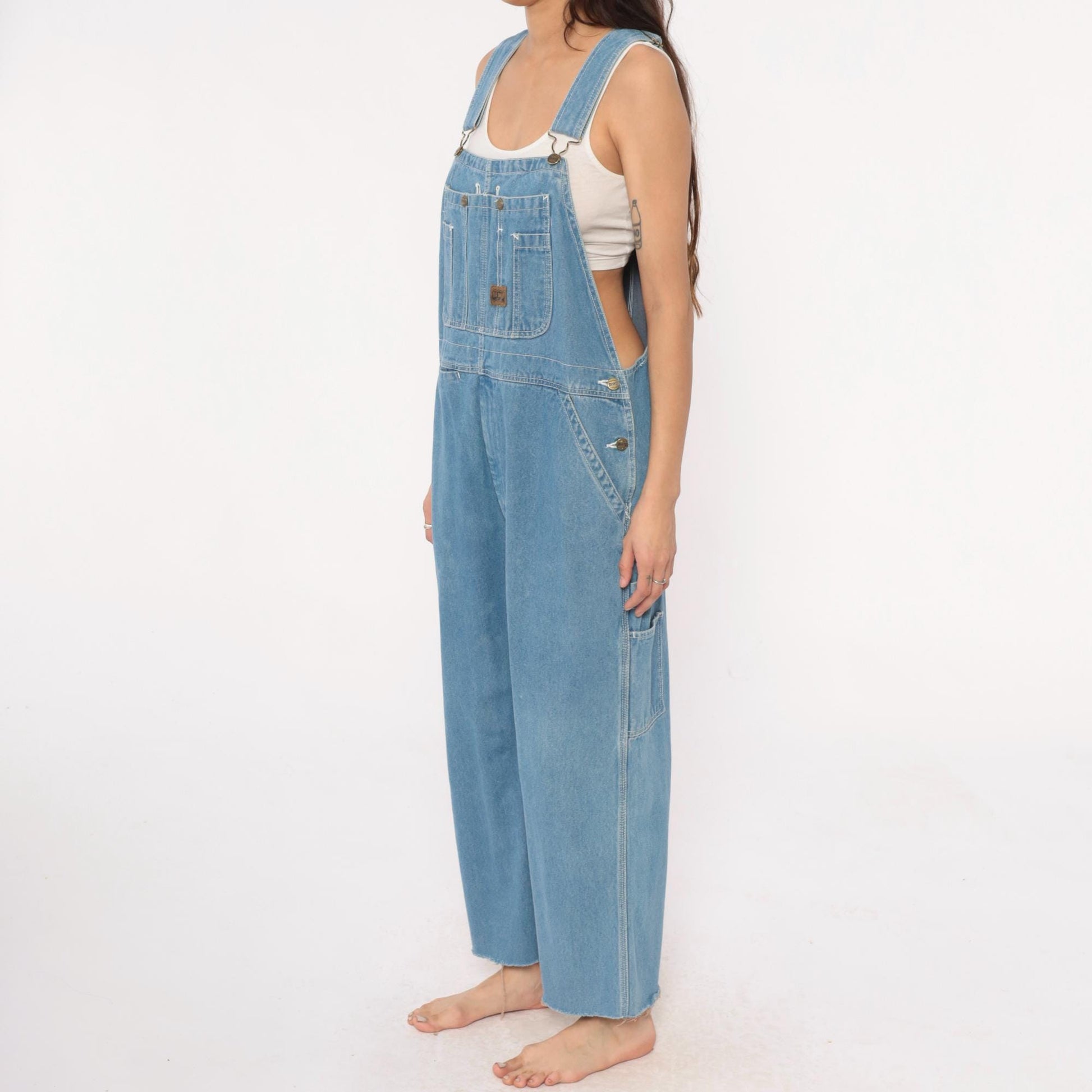 Y2K Big Smith Light Wash Denim Overalls Wide Leg Frayed Hem Medium