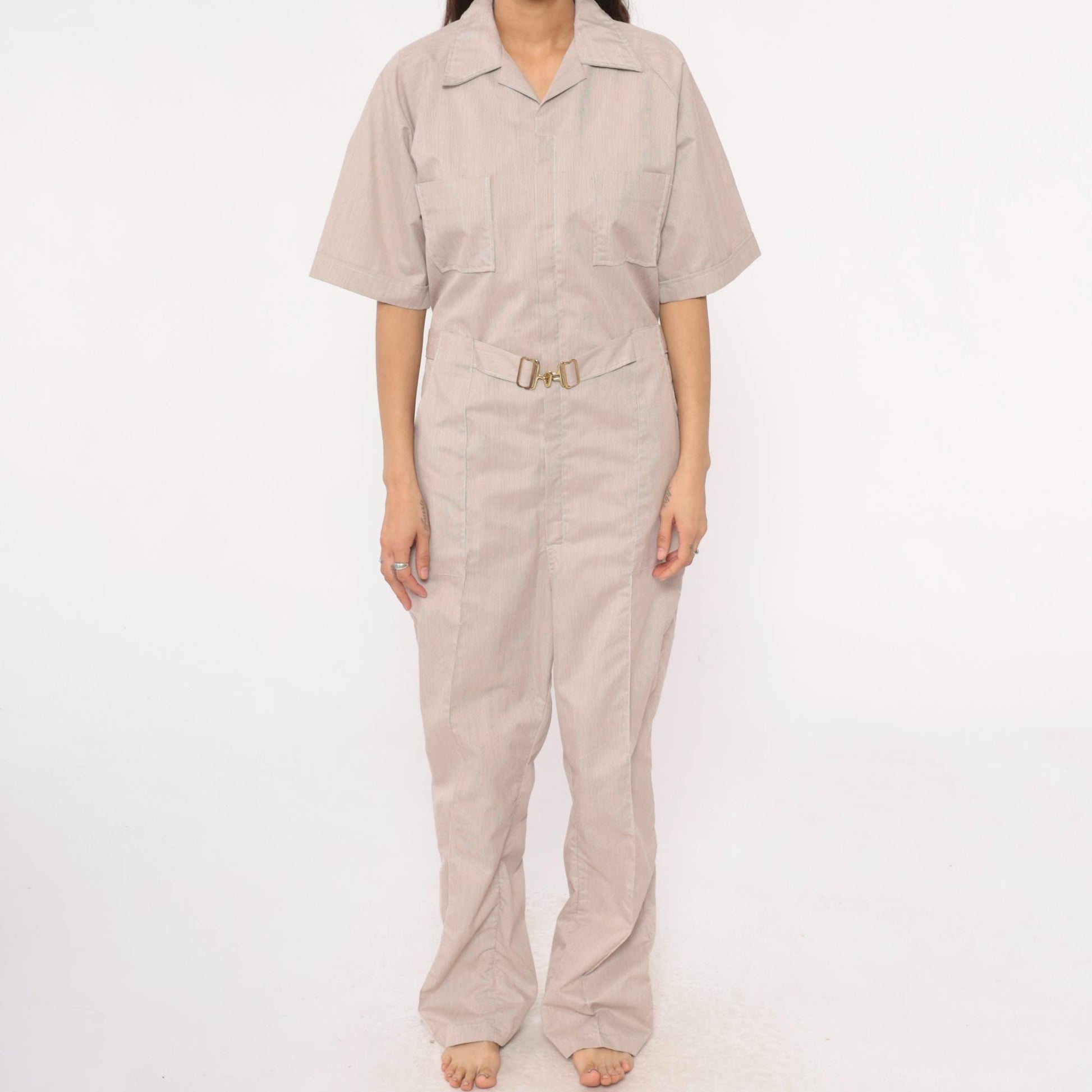 80s Beige Jumpsuit Belted Collared Utility Workwear Coveralls Medium