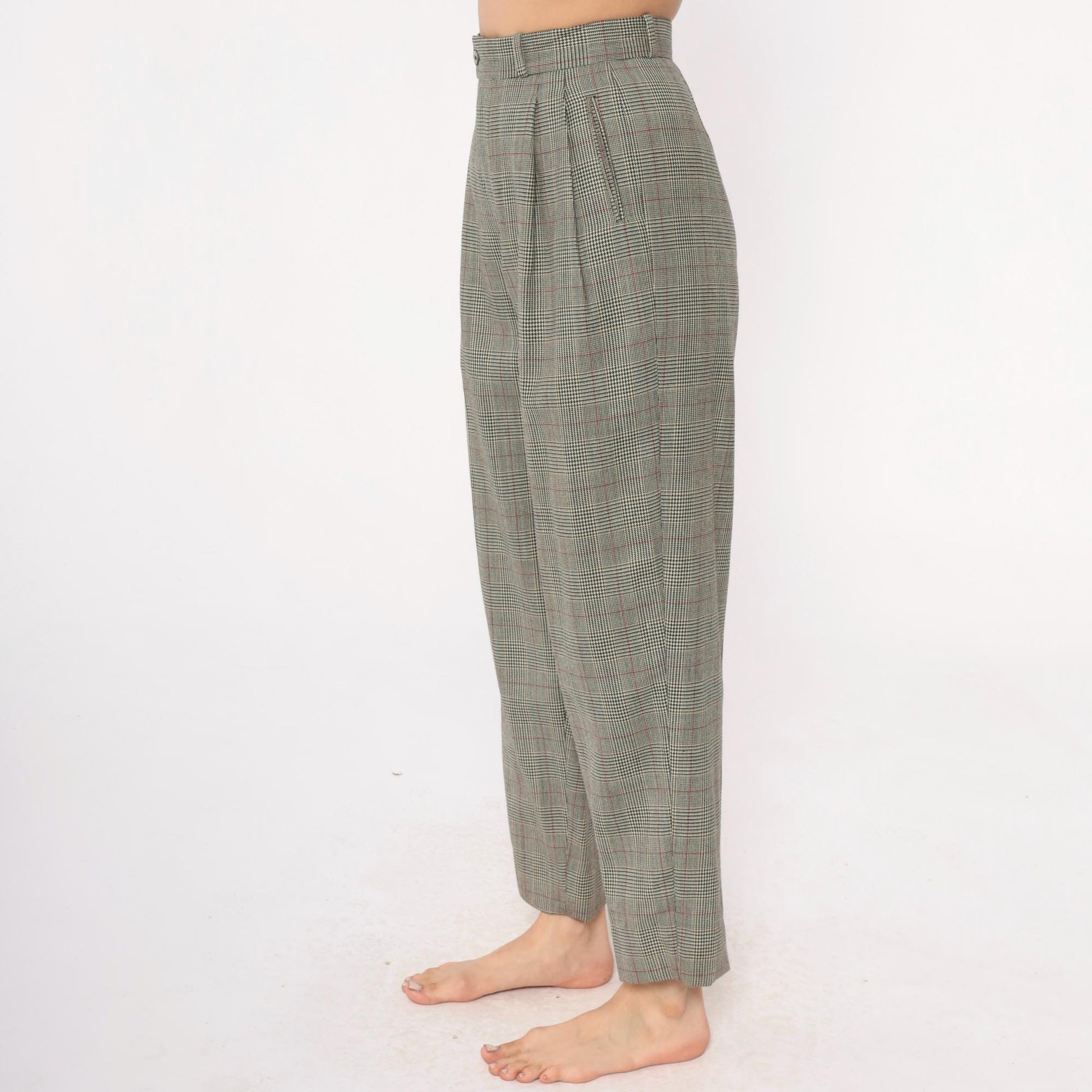 80s Barry Bricken Wool Plaid High-Waisted Trousers Grey Small S