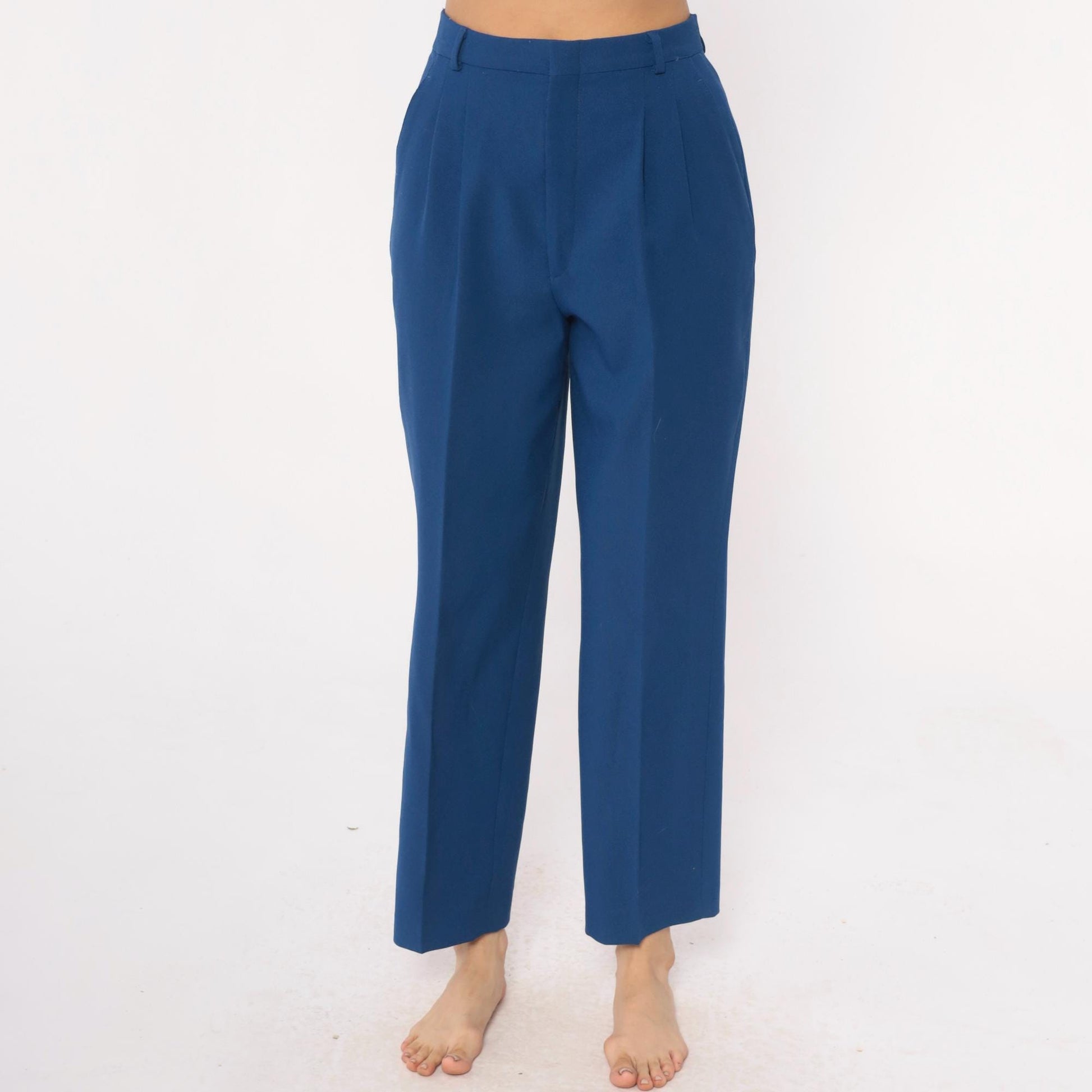 70s Haggar Navy Pleated High-Waist Trousers Ankle Length Medium