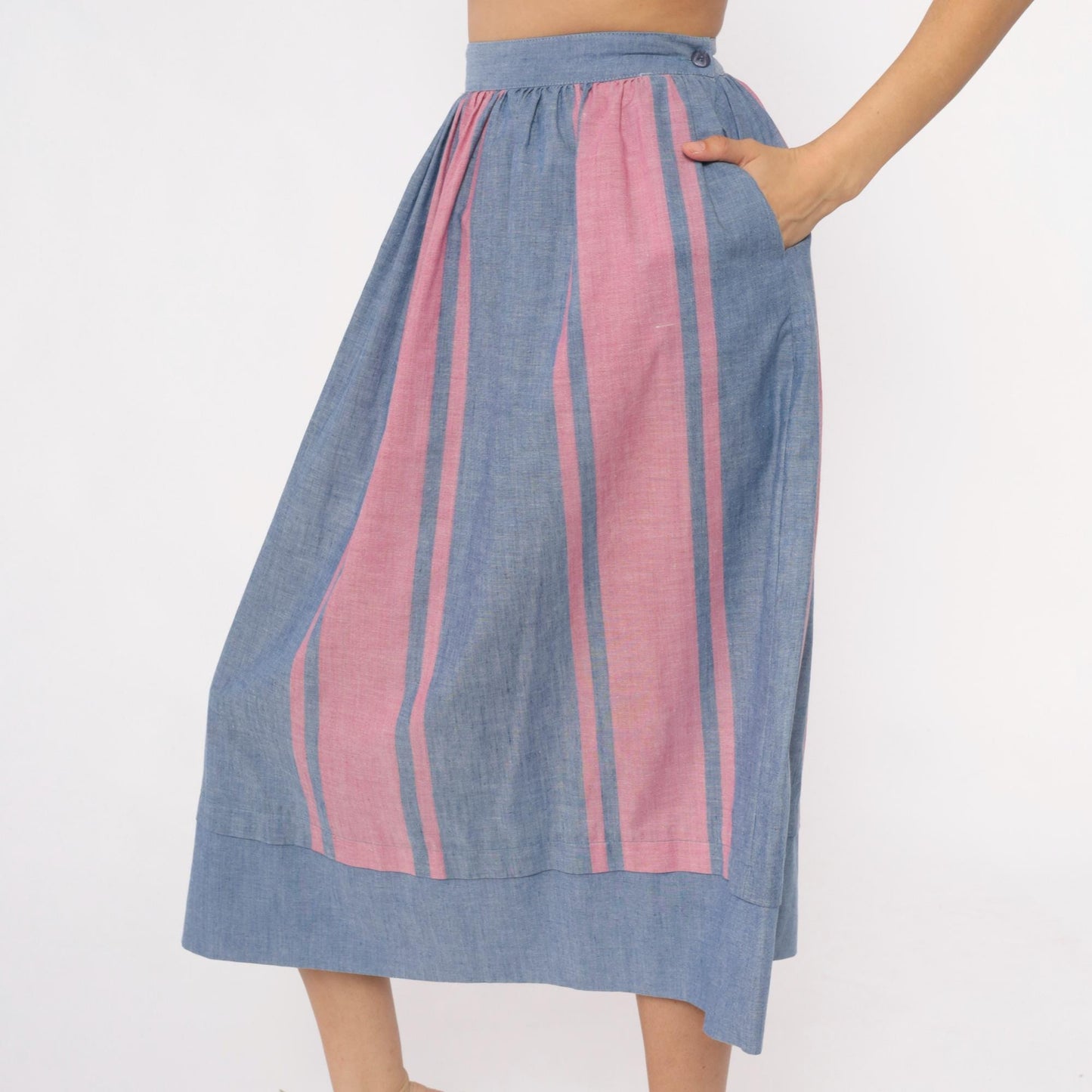 80s Blue Pink Striped Midi Skirt High Waist Gathered Full Skirt Small S