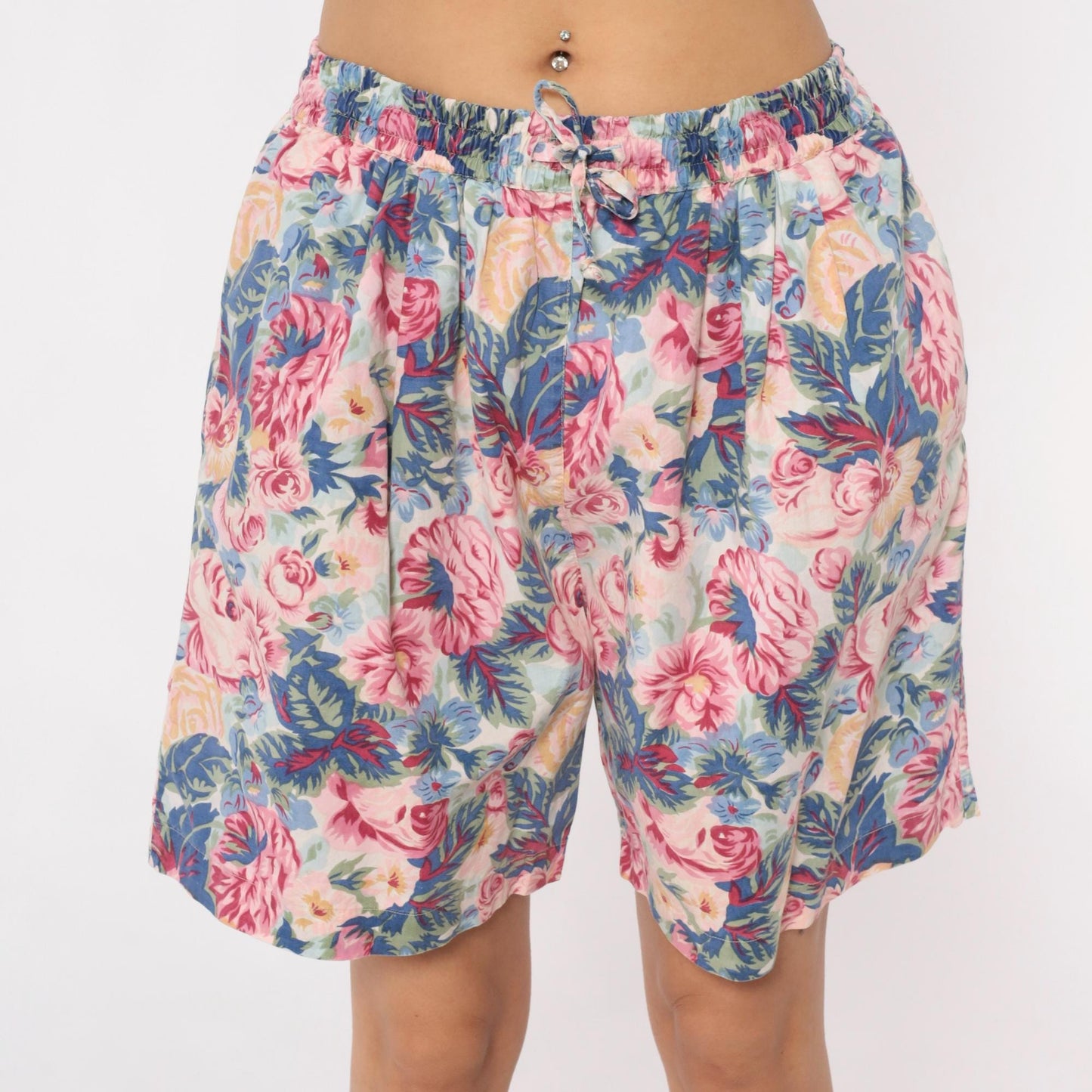 90s Kikimi Sketches Floral Shorts High Waist Wide Leg Cream Cotton Medium M