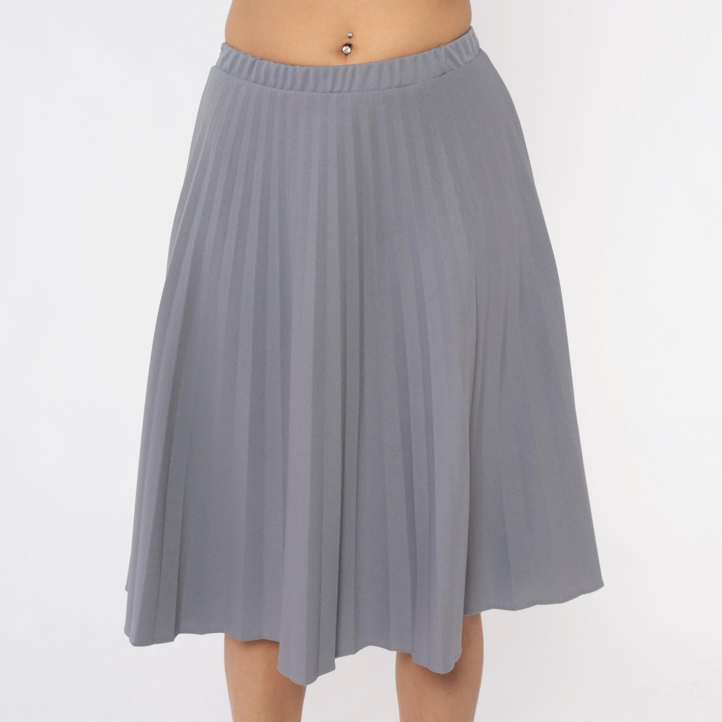 70s Grey Pleated Skirt Elastic Waist Knee-Length A-Line Medium