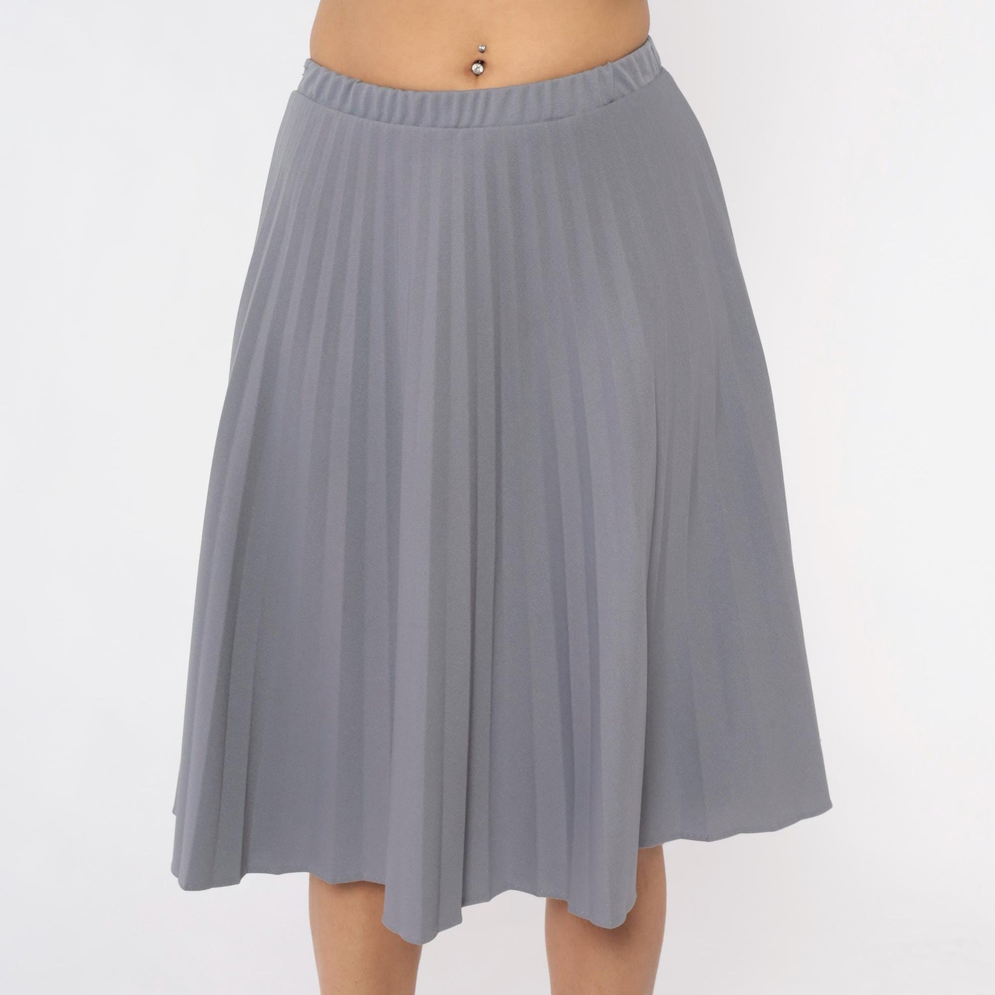 70s Grey Pleated Skirt Elastic Waist Knee-Length A-Line Medium