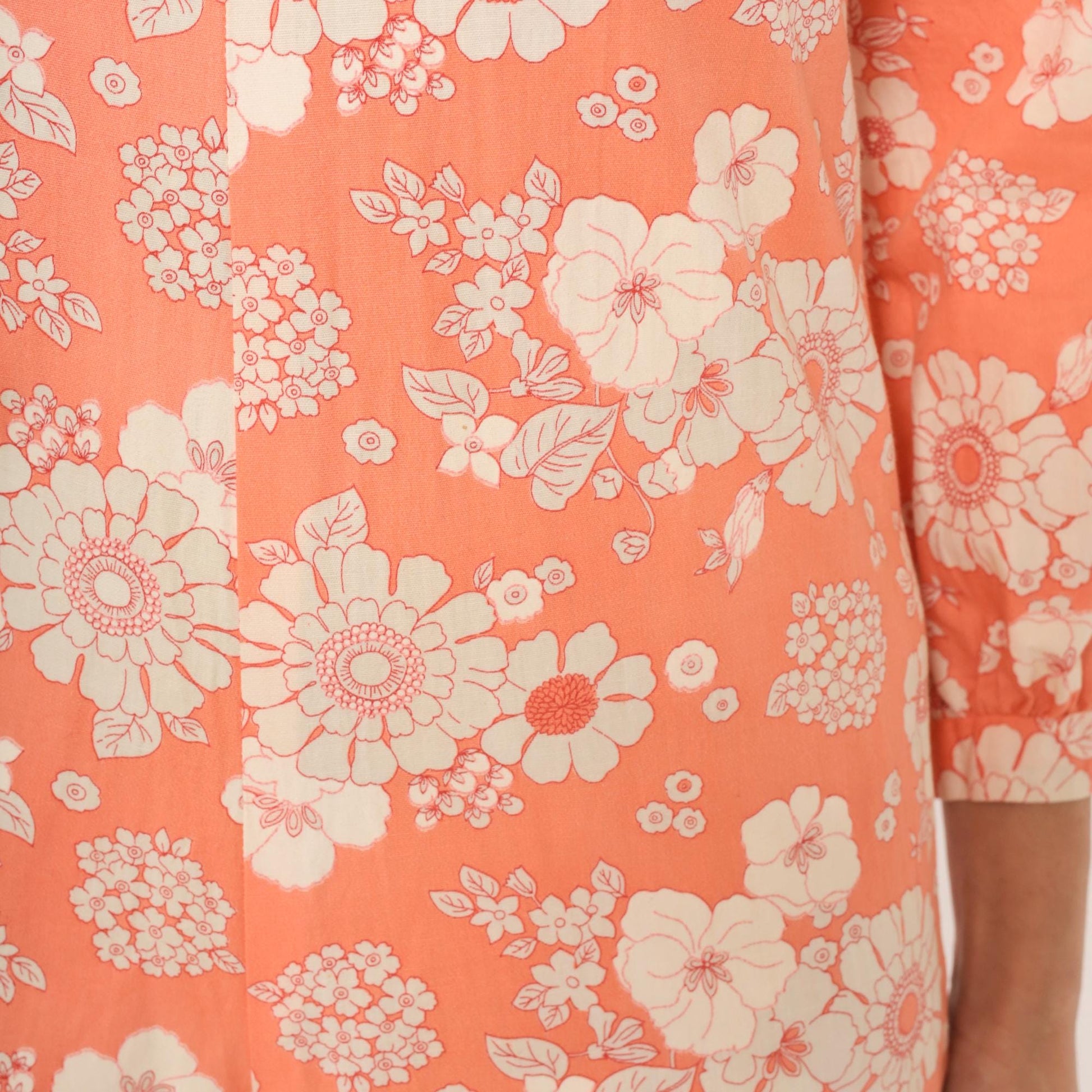 70s Orange Floral Jumpsuit Mock Neck Wide Leg Cream White Cotton Small