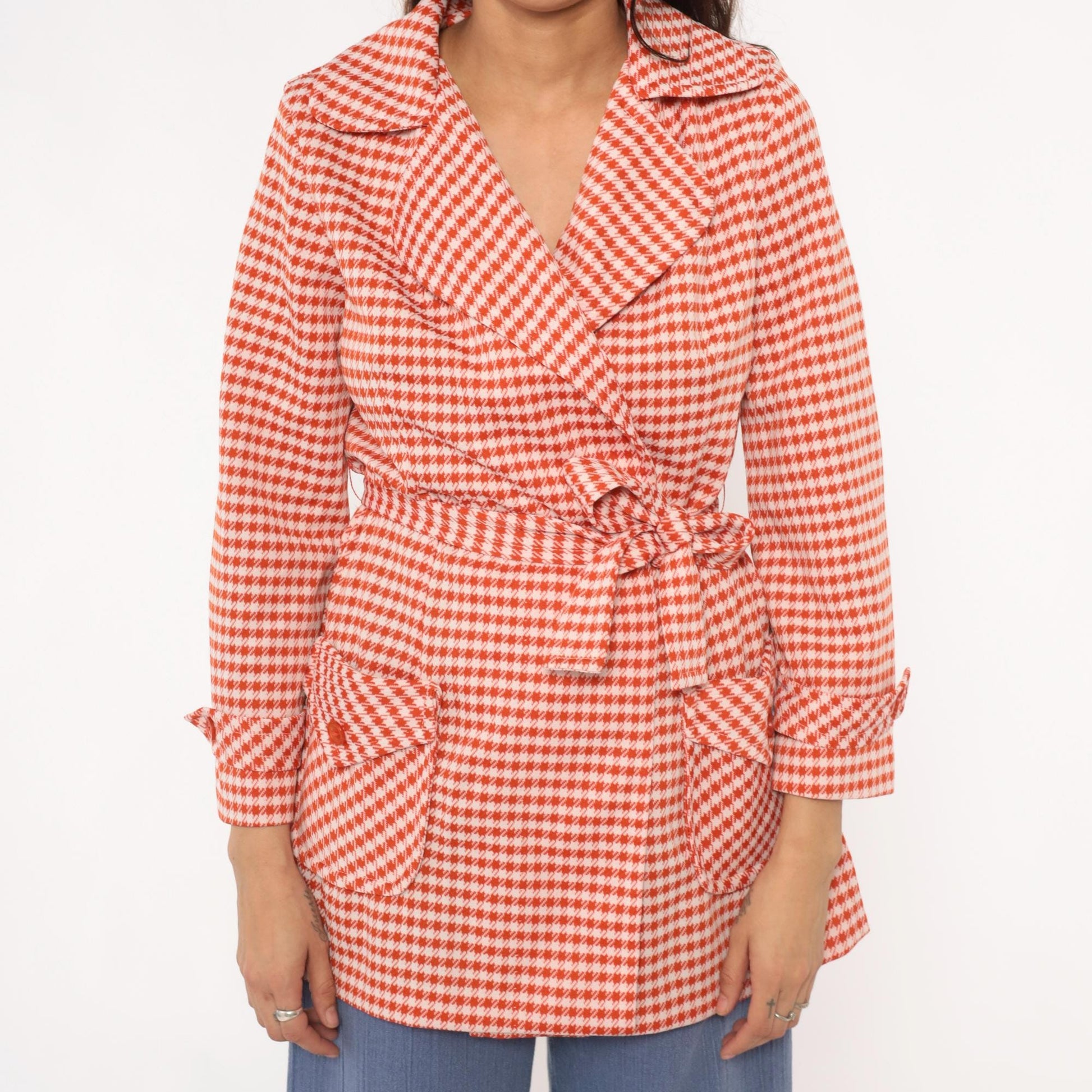 70s Houndstooth Wrap Jacket Red White Checkered Collared Blazer Medium