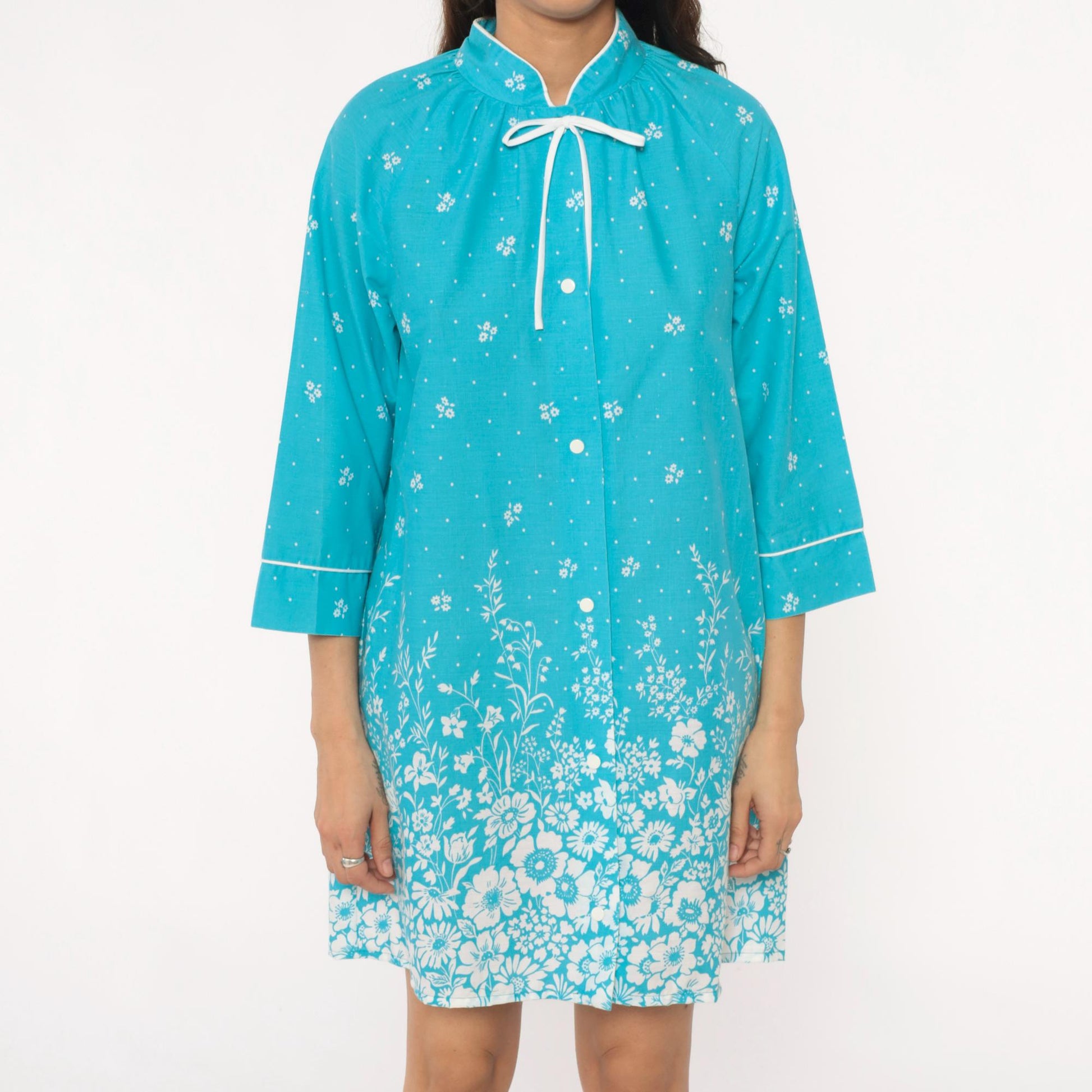 80s Dan Ellen Turquoise Floral Shift Dress Mandarin Collar Small