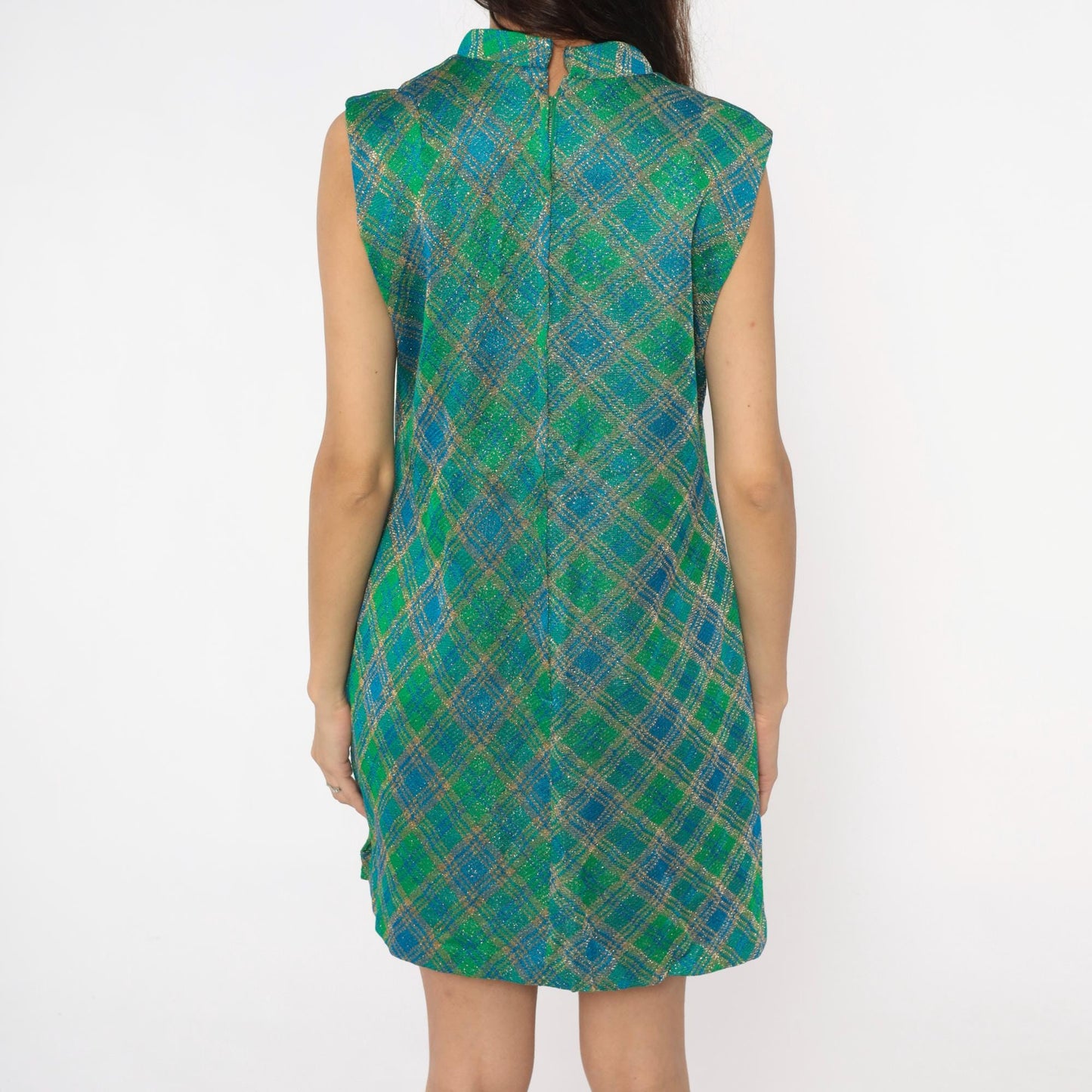60s Metallic Plaid Shift Dress Blue Green Gold Mock Neck Mini Large L