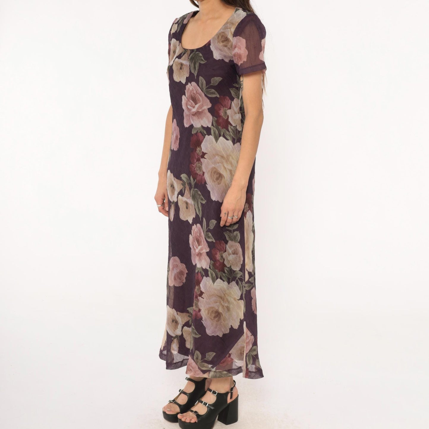90s Jessica Howard Floral Maxi Dress Purple Rose Print Short Sleeve Medium
