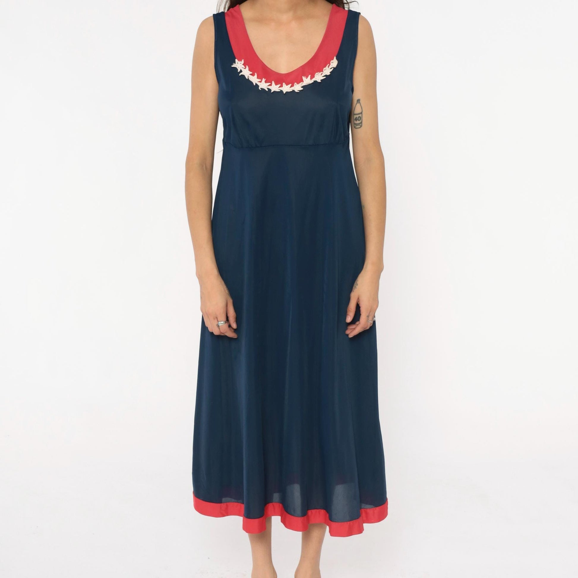 70s Navy Maxi Dress Stars Embroidered Red Trim Empire Waist Medium