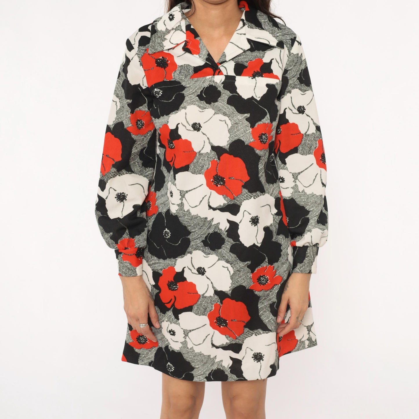 70s Floral Shift Dress Red Black White Poppy Print Collared Long Sleeve Large L