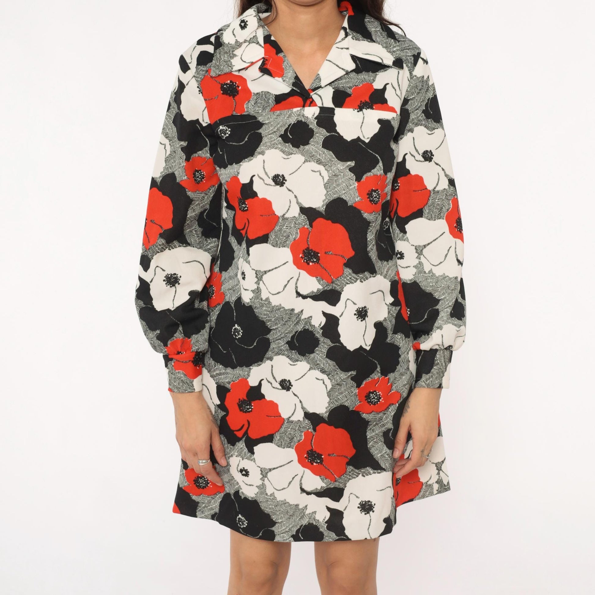 70s Floral Shift Dress Red Black White Poppy Print Collared Long Sleeve Large L