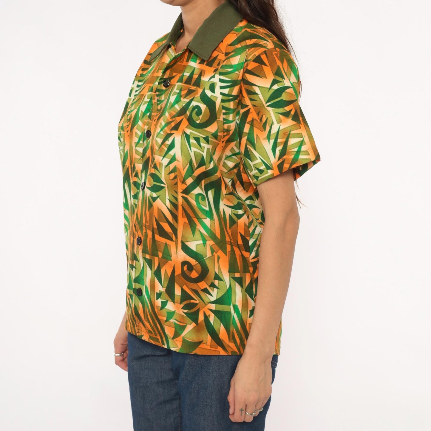 70s Psychedelic Geometric Print Shirt Orange Green Pointed Collar Medium M