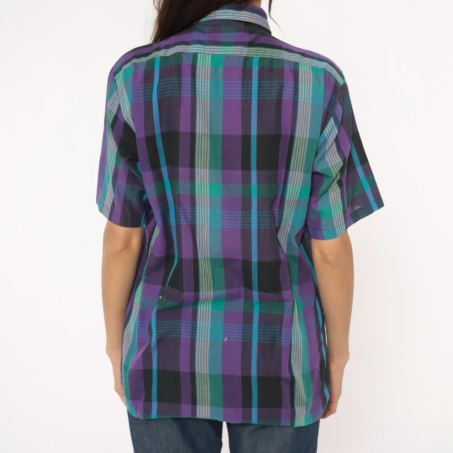 80s Plaid Button-Up Shirt Purple Green Teal Check Short Sleeve Medium