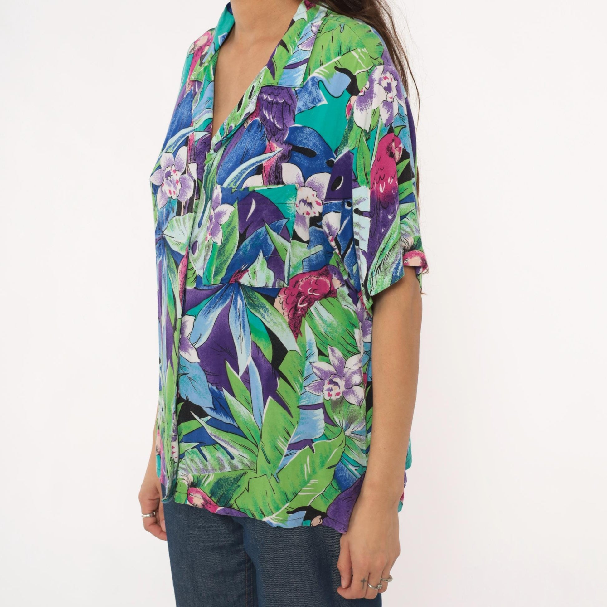 90s Spare Change California Tropical Parrot Rayon Shirt Turquoise Medium