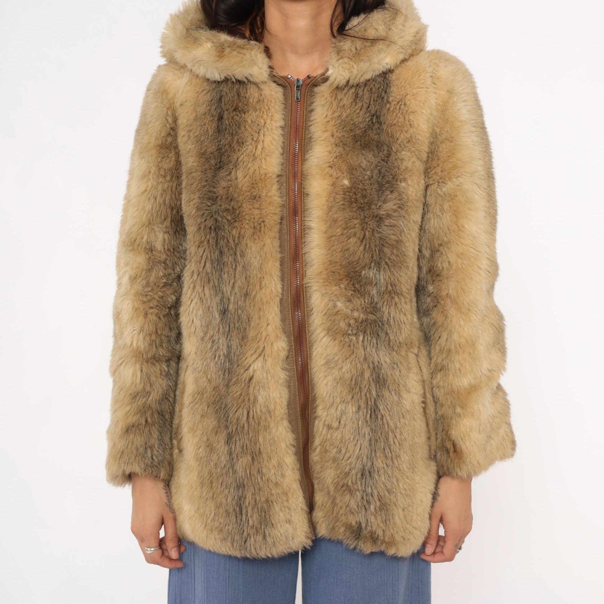 70s Beekman Place Faux Fur Hooded Coat Beige Brown Vinyl Trim Medium