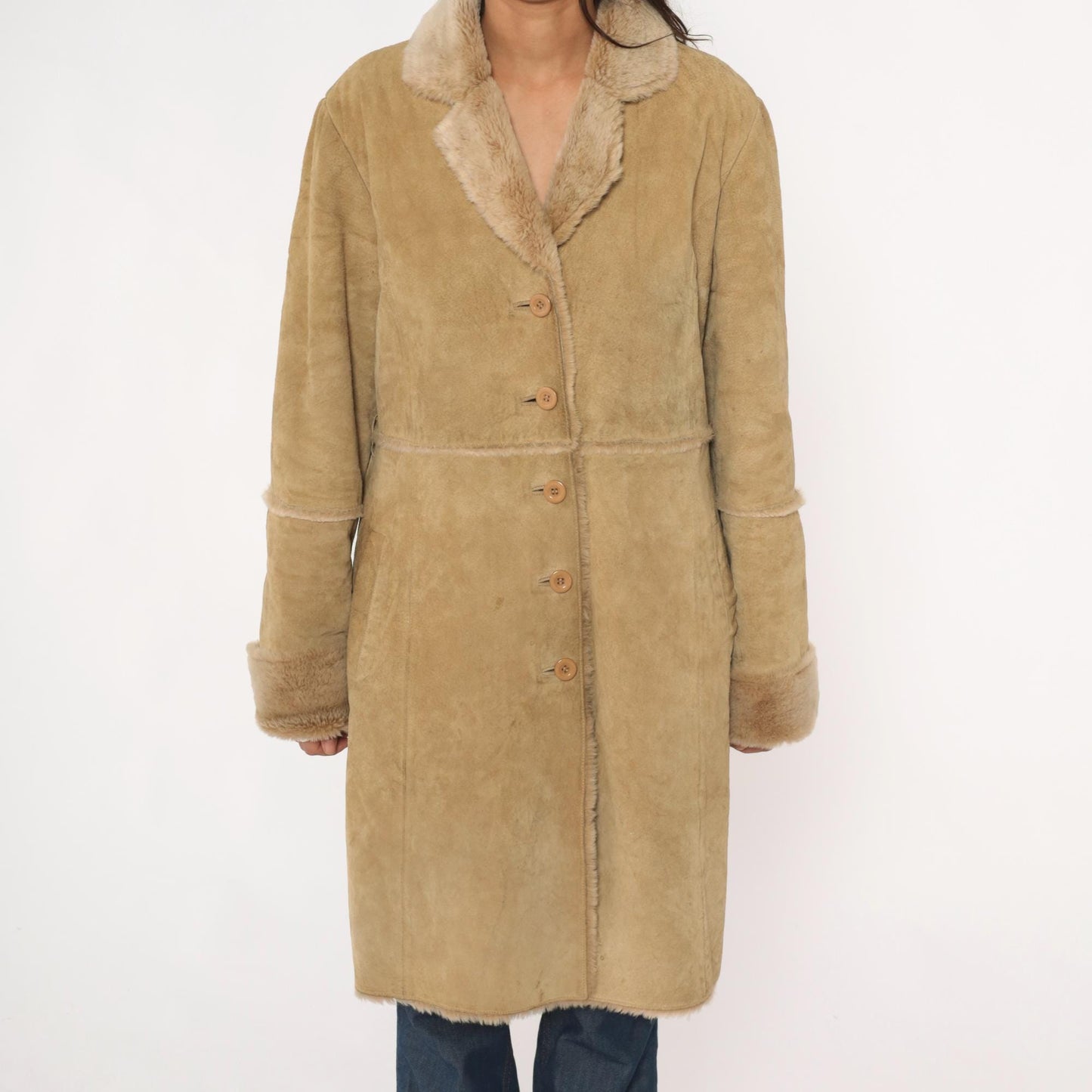 Y2K Brandon Thomas Leather Shearling Coat Tan Knee-Length Large L