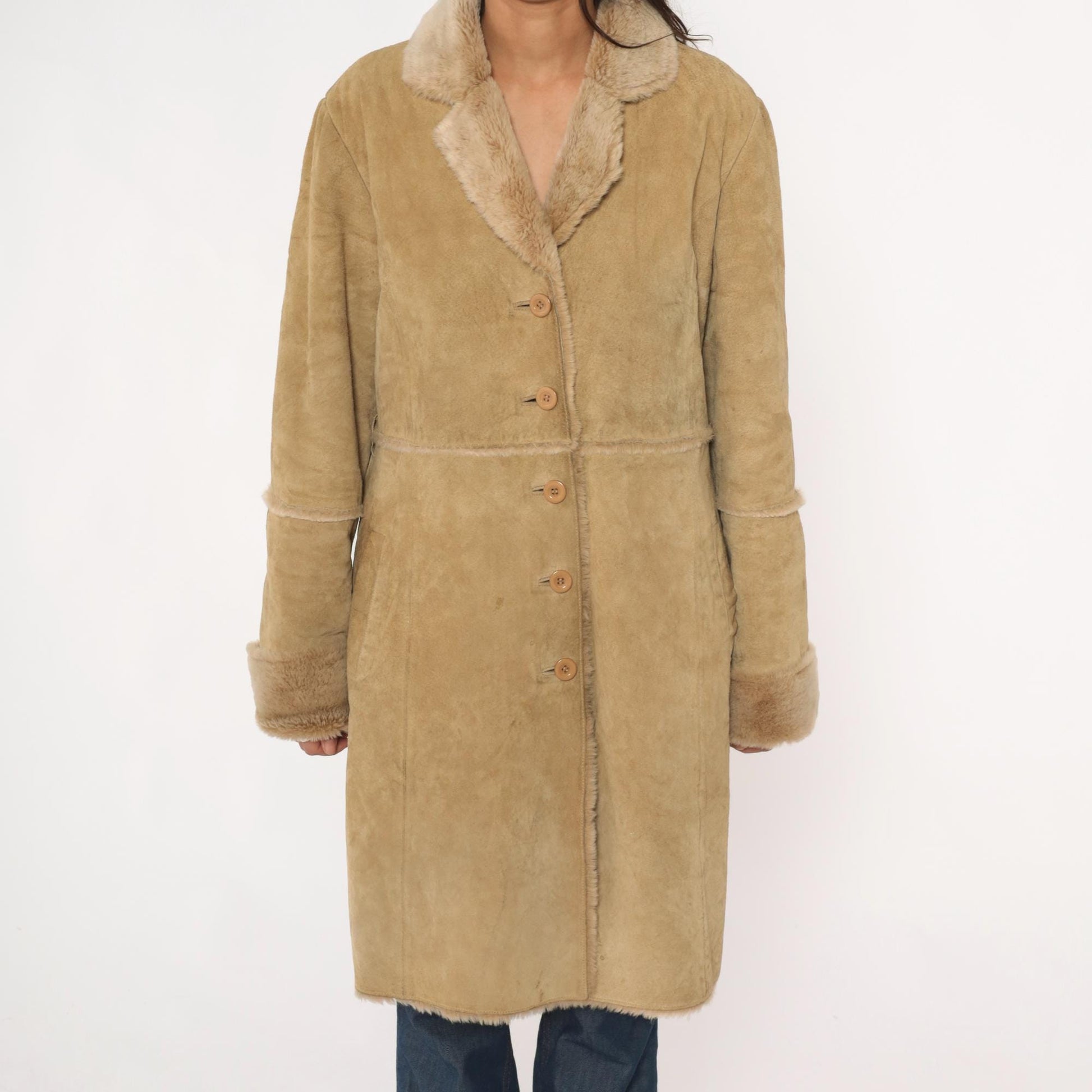Y2K Brandon Thomas Leather Shearling Coat Tan Knee-Length Large L