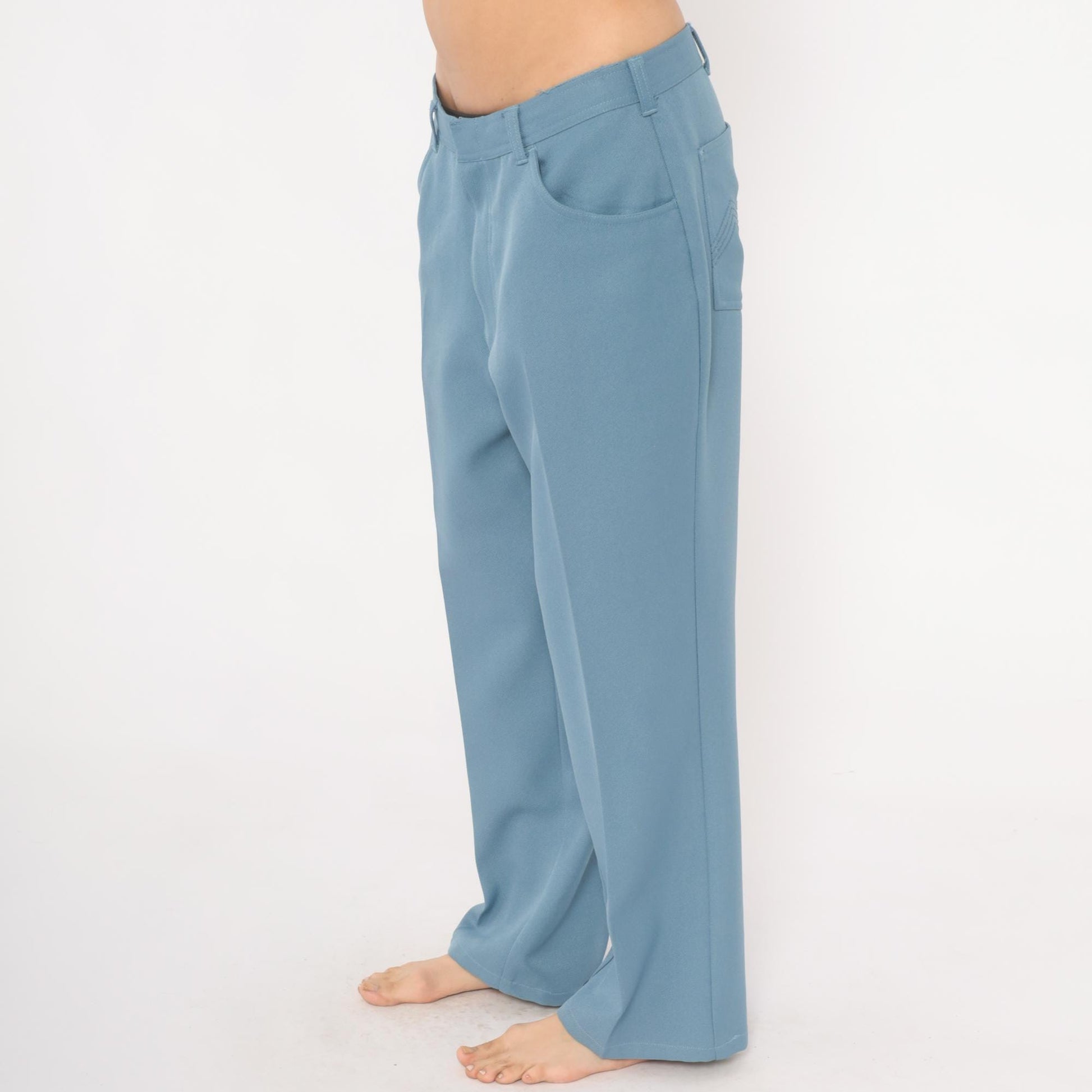 70s Scandia Woods Slate Blue Straight Leg Trousers Flat Front Chevron Stitch Mens 36