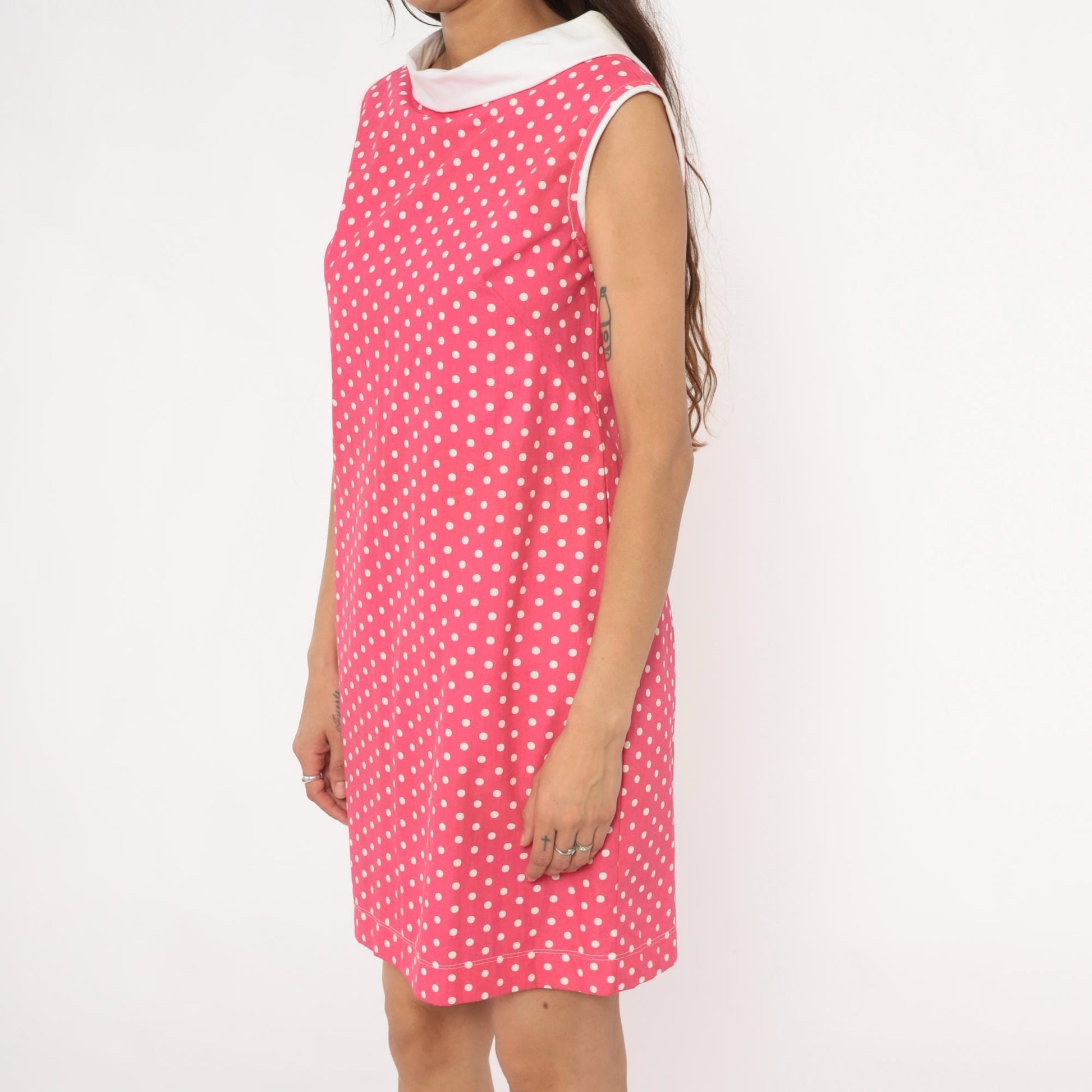 90s Pink Polka Dot Shift Dress White Peter Pan Collar Small